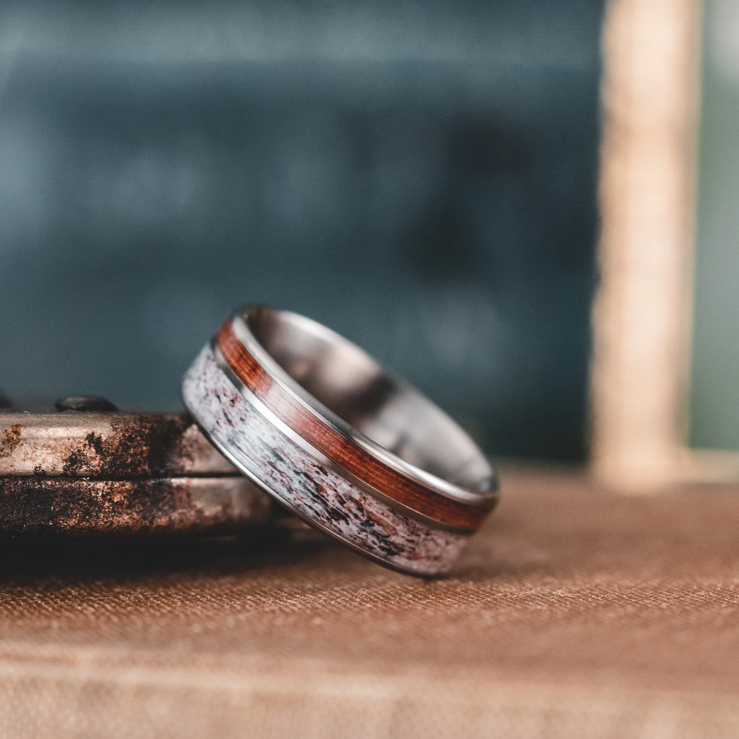The Mid-Century Cowboy | Men's Titanium Wedding Band with Elk Antler & Teak Wood - Image 3