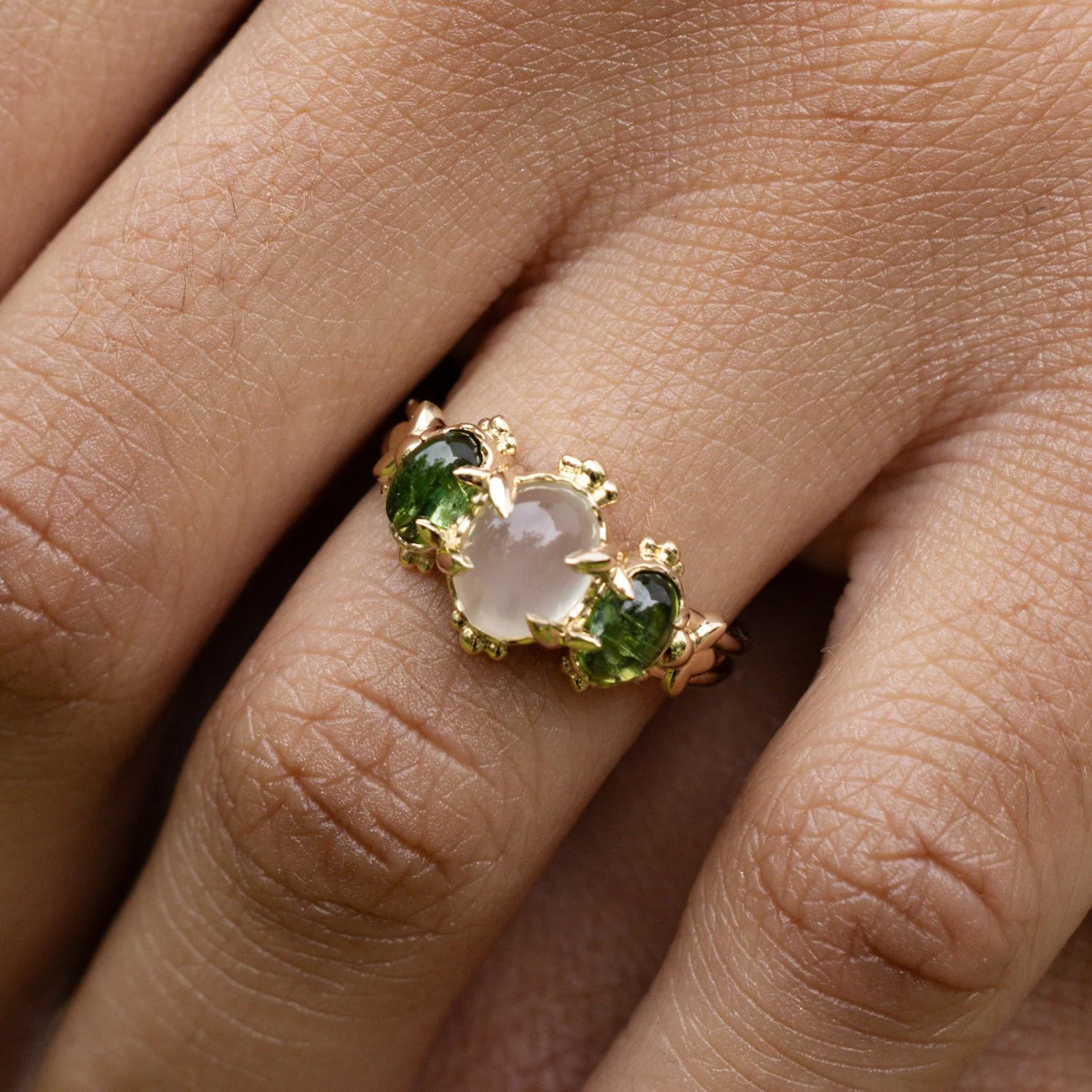 The Myzelle - Vintage-Inspired Oval Cabochon Three Stone Engagement Ring with Moonstone & Green Tourmaline - Image 10