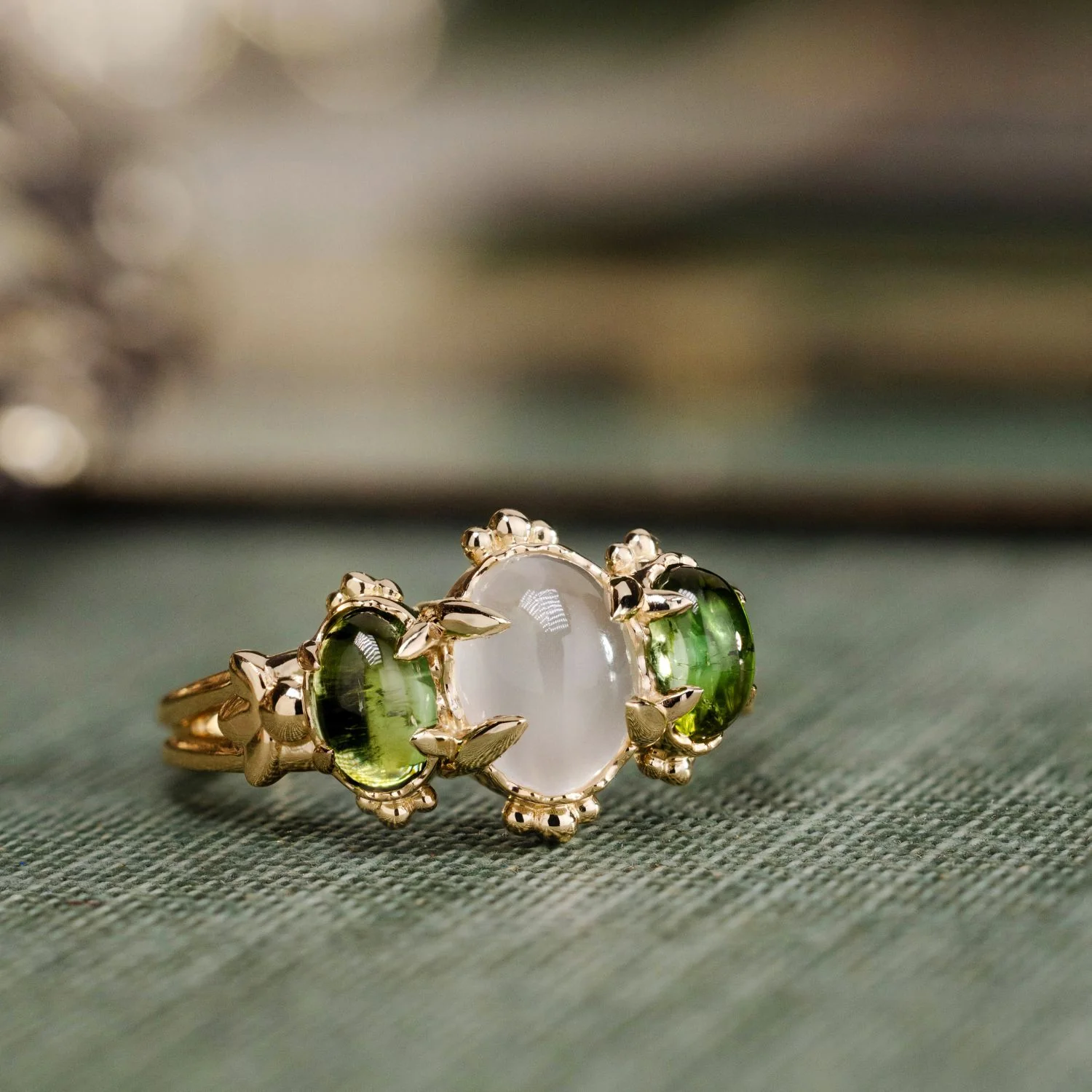The Myzelle - Vintage-Inspired Oval Cabochon Three Stone Engagement Ring with Moonstone & Green Tourmaline - Image 11