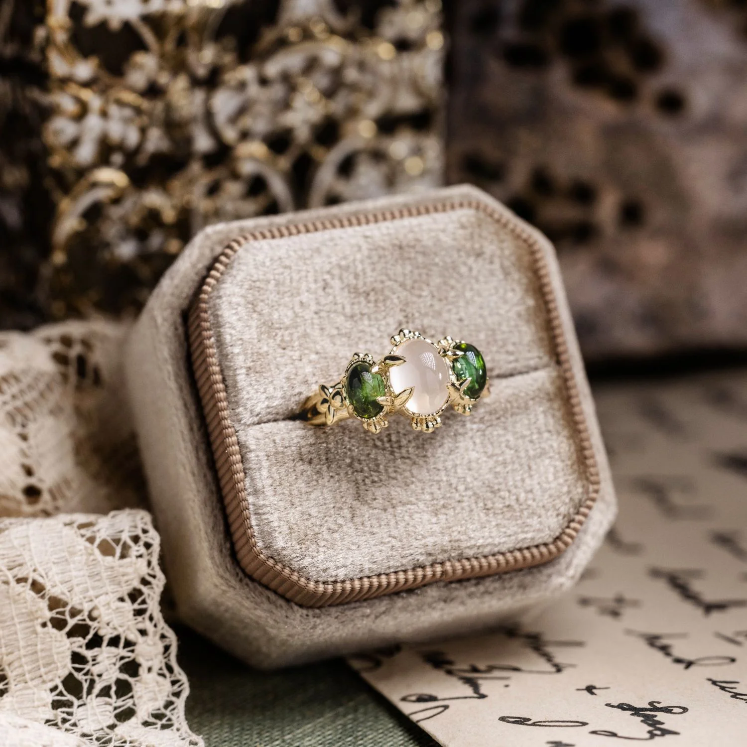 The Myzelle - Vintage-Inspired Oval Cabochon Three Stone Engagement Ring with Moonstone & Green Tourmaline - Image 12