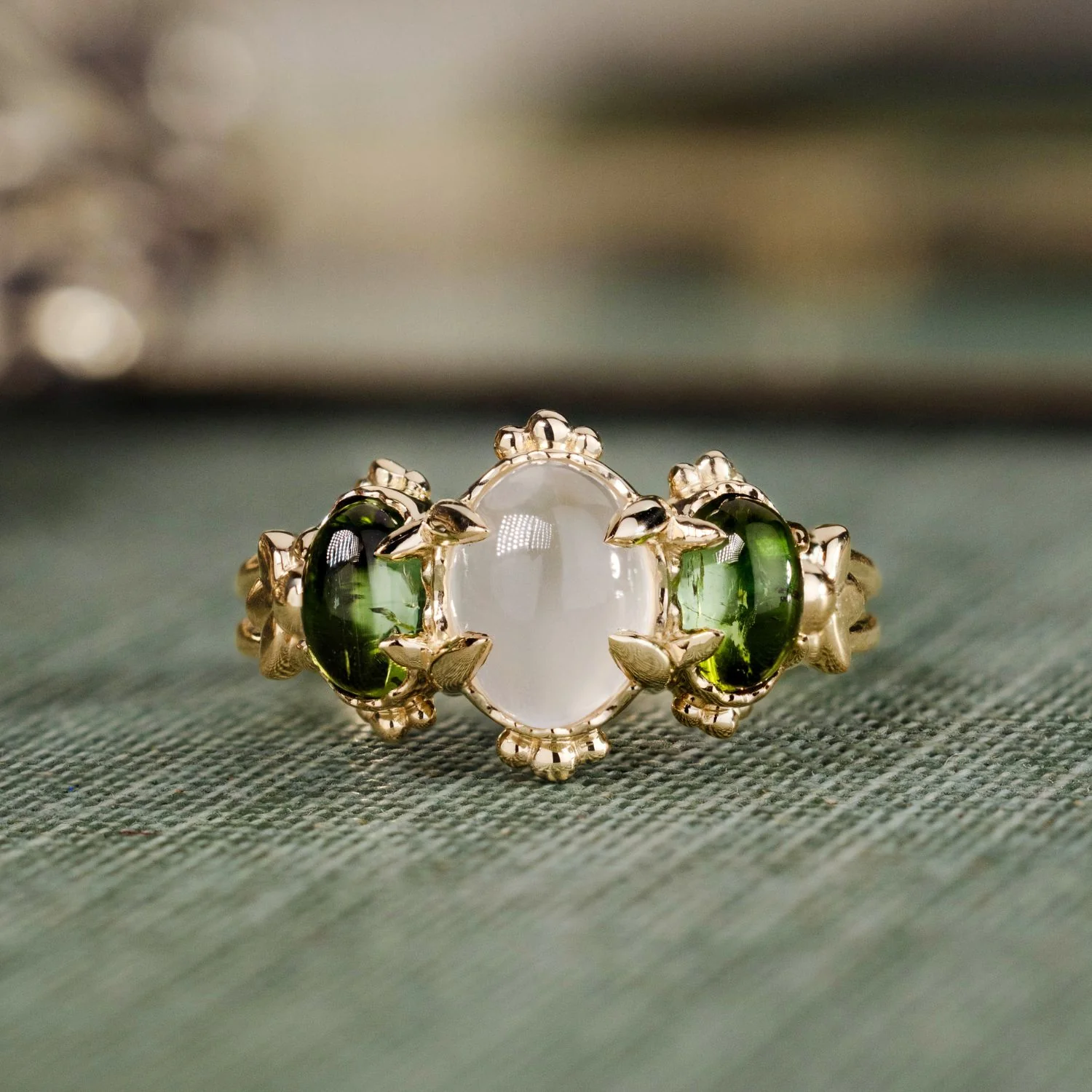 The Myzelle - Vintage-Inspired Oval Cabochon Three Stone Engagement Ring with Moonstone & Green Tourmaline - Image 13