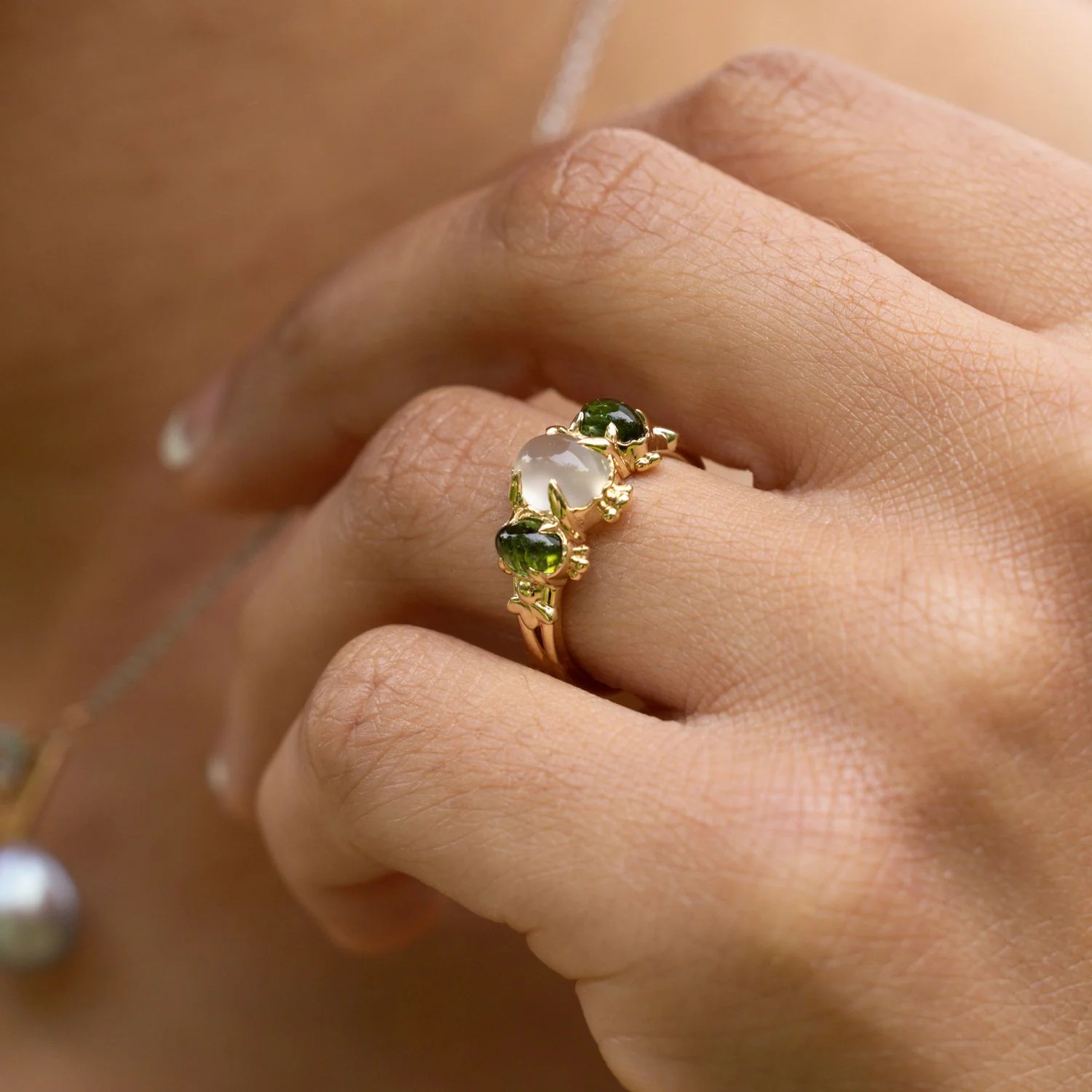 The Myzelle - Vintage-Inspired Oval Cabochon Three Stone Engagement Ring with Moonstone & Green Tourmaline - Image 3