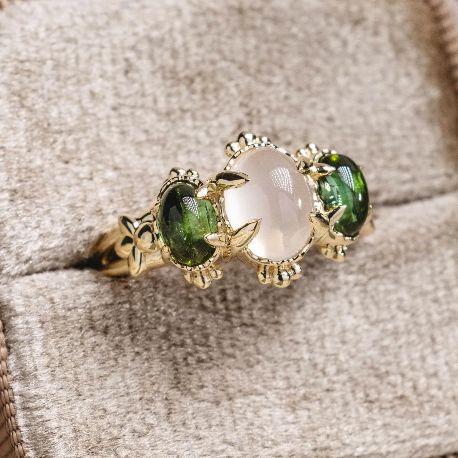 The Myzelle - Vintage-Inspired Oval Cabochon Three Stone Engagement Ring with Moonstone & Green Tourmaline - Image 4