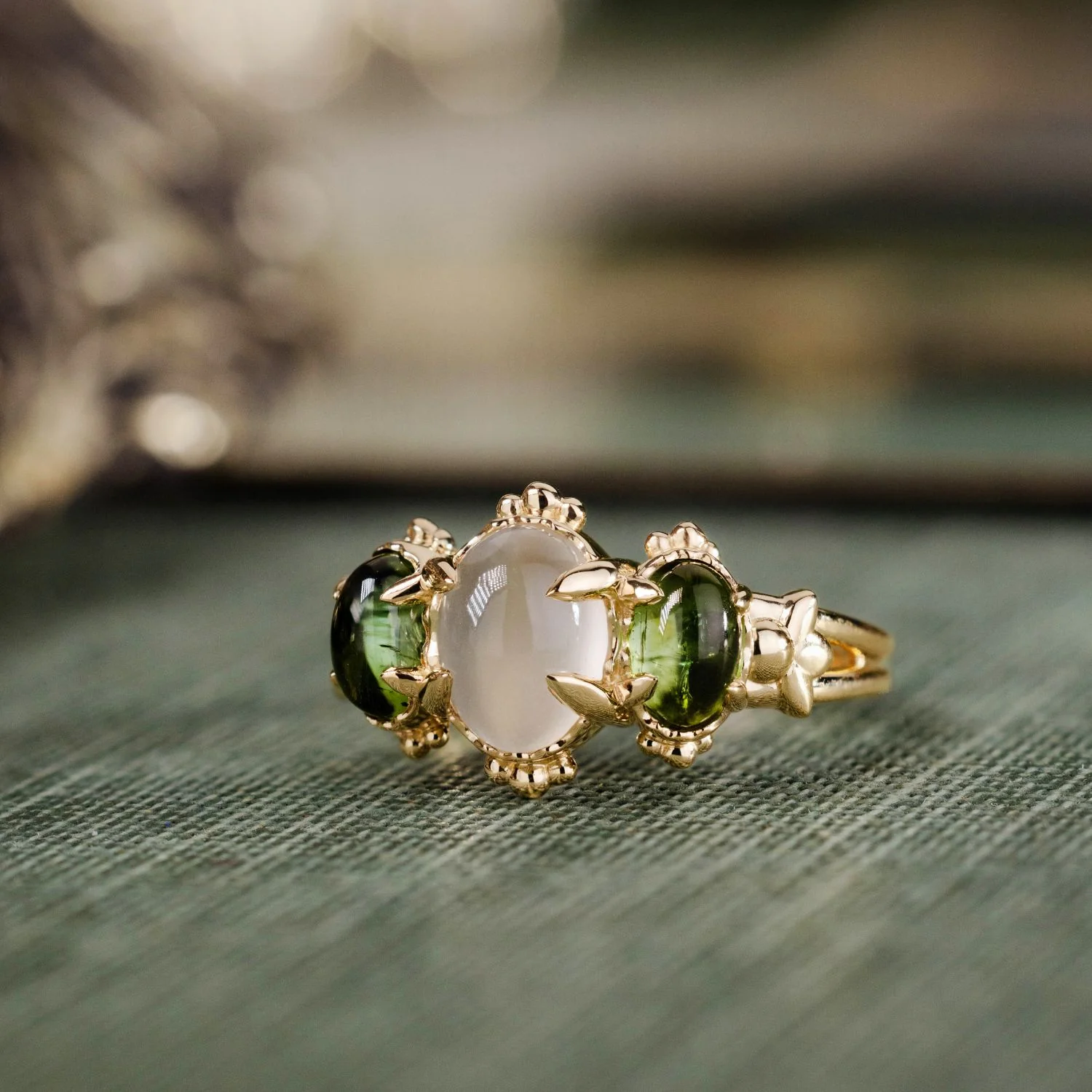 The Myzelle - Vintage-Inspired Oval Cabochon Three Stone Engagement Ring with Moonstone & Green Tourmaline - Image 5