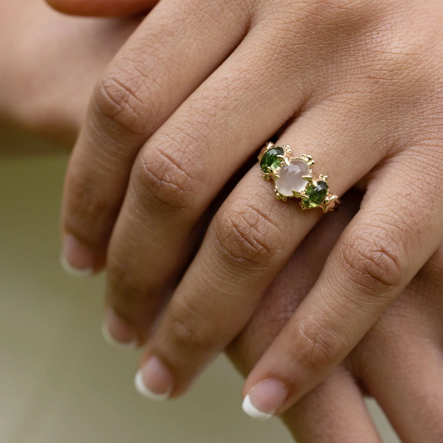 The Myzelle - Vintage-Inspired Oval Cabochon Three Stone Engagement Ring with Moonstone & Green Tourmaline - Image 6