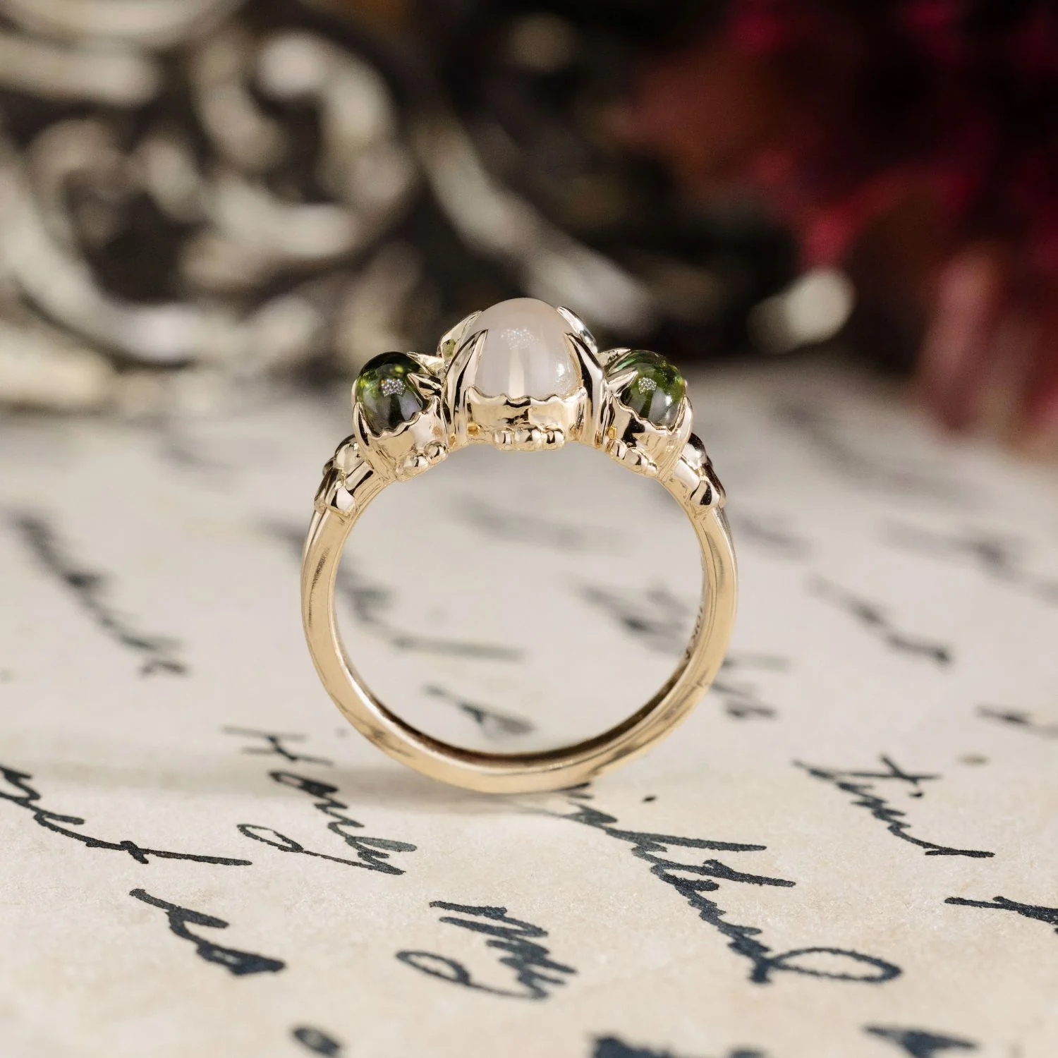 The Myzelle - Vintage-Inspired Oval Cabochon Three Stone Engagement Ring with Moonstone & Green Tourmaline - Image 8