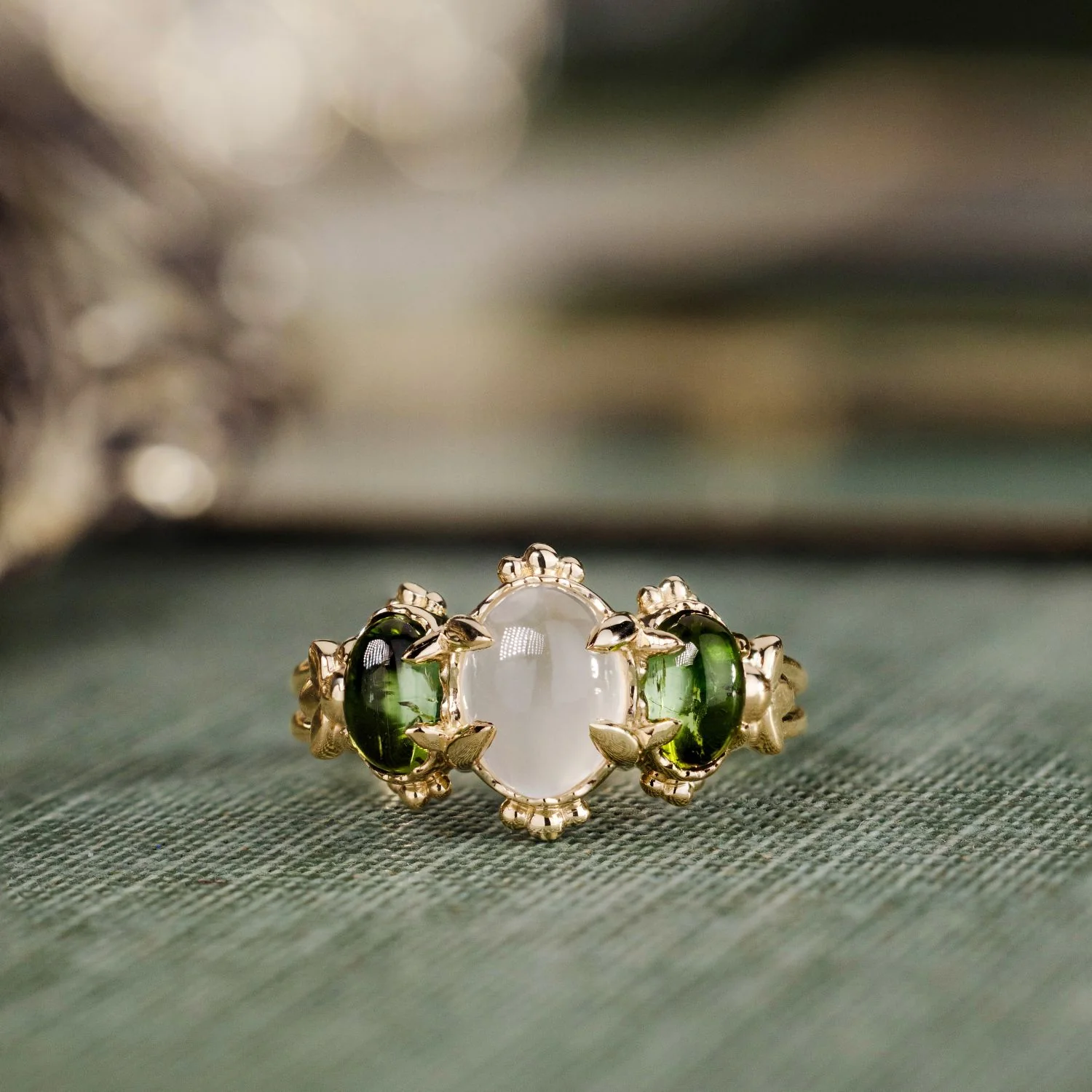 The Myzelle - Vintage-Inspired Oval Cabochon Three Stone Engagement Ring with Moonstone & Green Tourmaline - Image 9