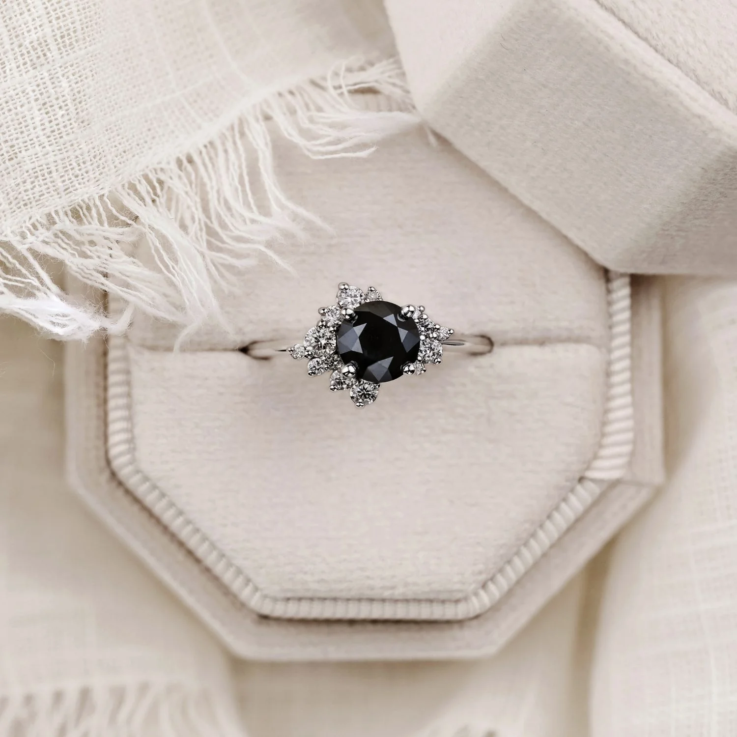 The Nova - Celestial Natural Black Diamond Engagement Ring with Diamond Cluster Accents - Image 11