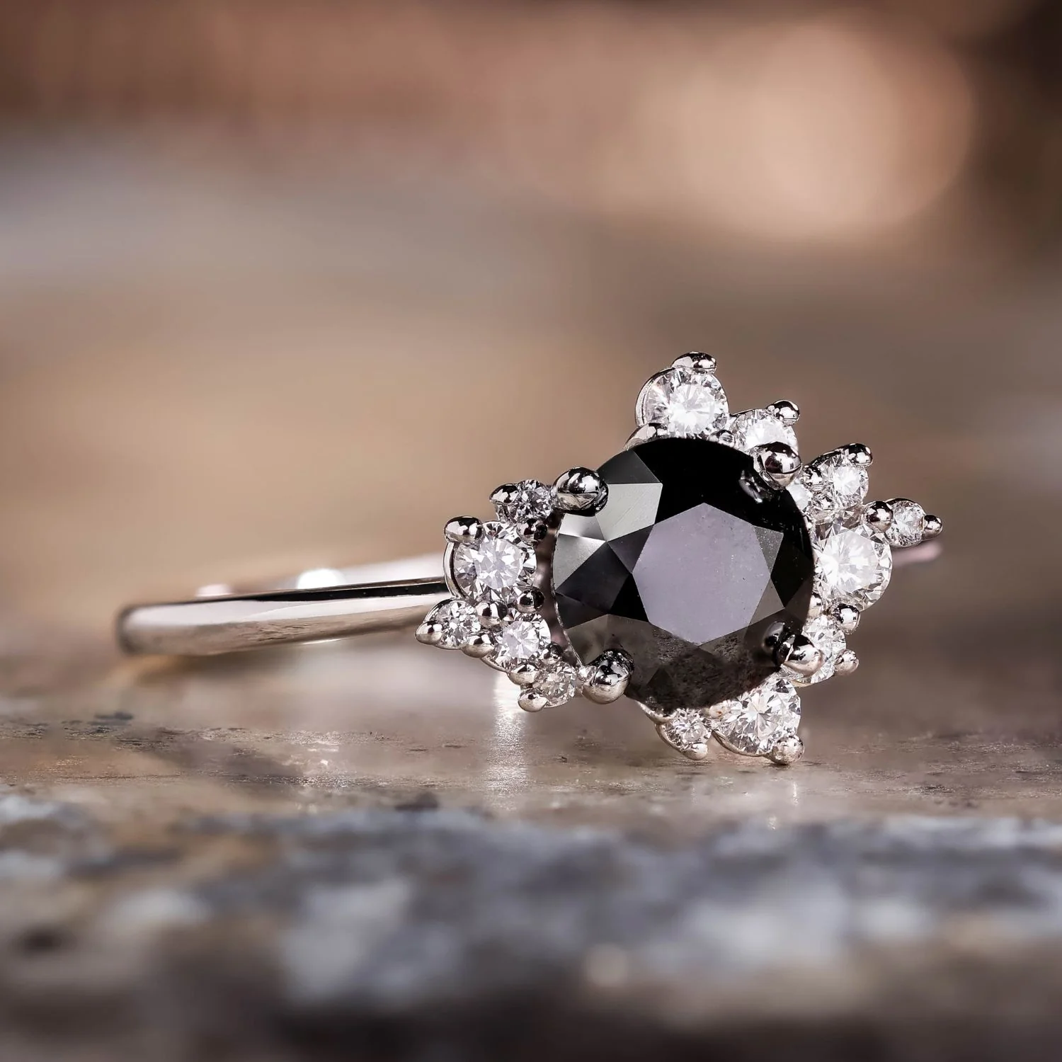 The Nova - Celestial Natural Black Diamond Engagement Ring with Diamond Cluster Accents - Image 3