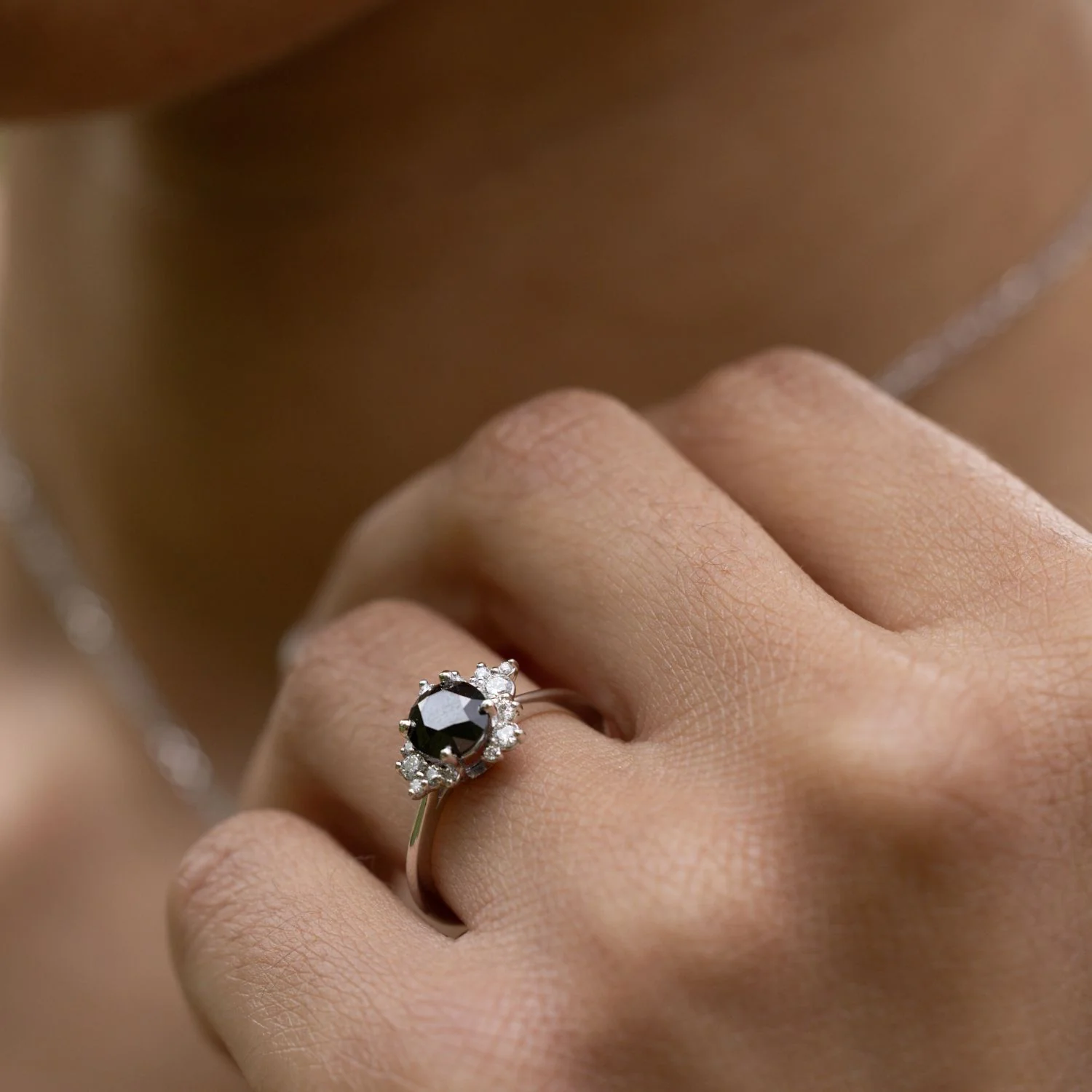 The Nova - Celestial Natural Black Diamond Engagement Ring with Diamond Cluster Accents - Image 4