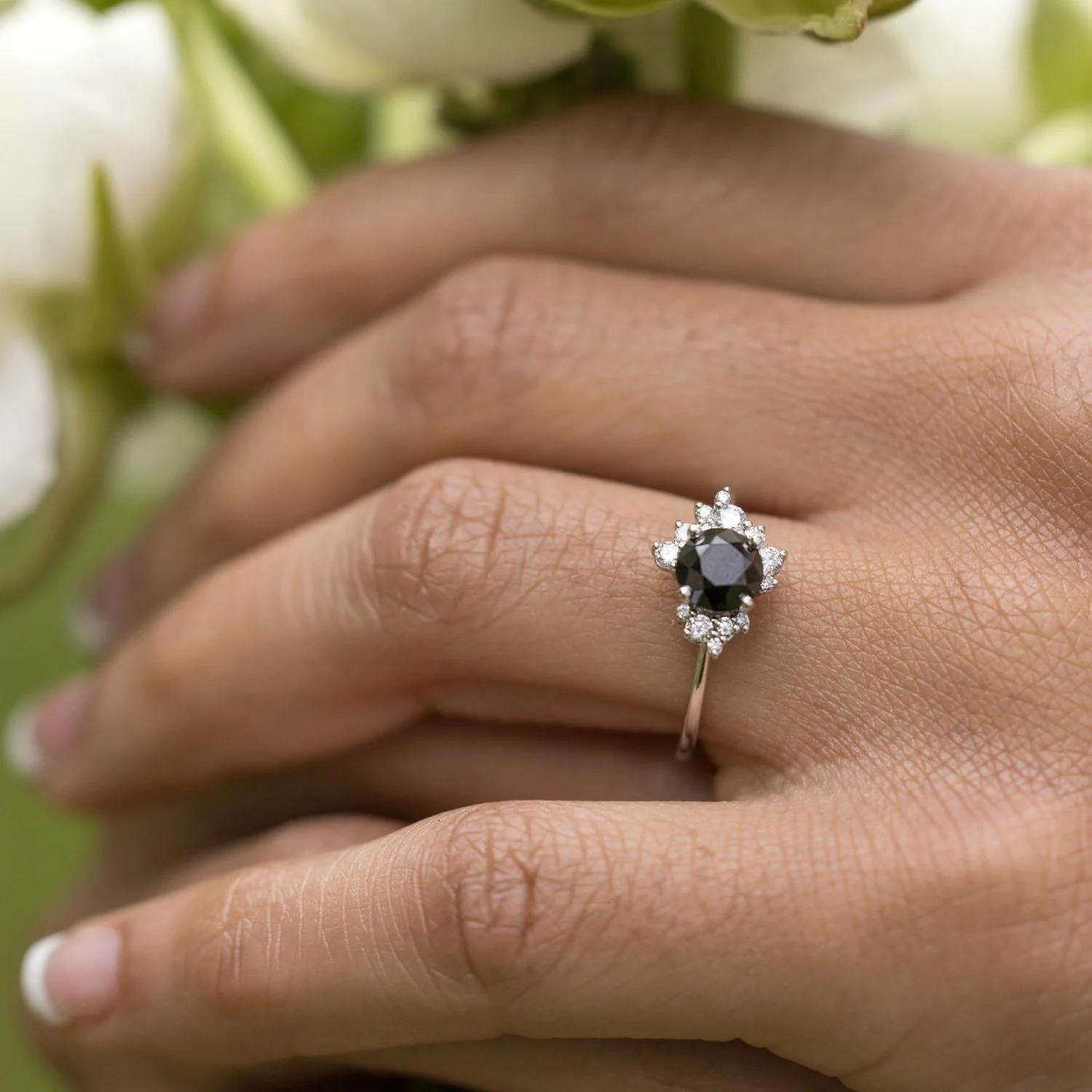 The Nova - Celestial Natural Black Diamond Engagement Ring with Diamond Cluster Accents - Image 6