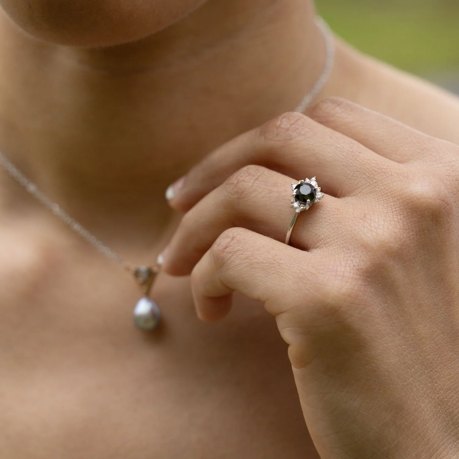 The Nova - Celestial Natural Black Diamond Engagement Ring with Diamond Cluster Accents - Image 8