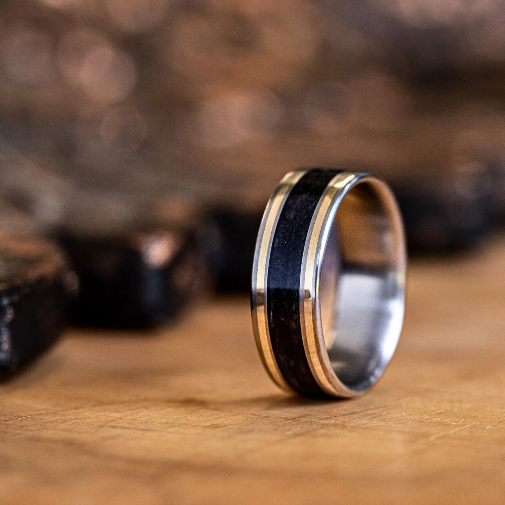 The Oxford Don | Men's Black Whiskey Barrel & Titanium Wedding Band with Dual Metal Inlays - Image 3