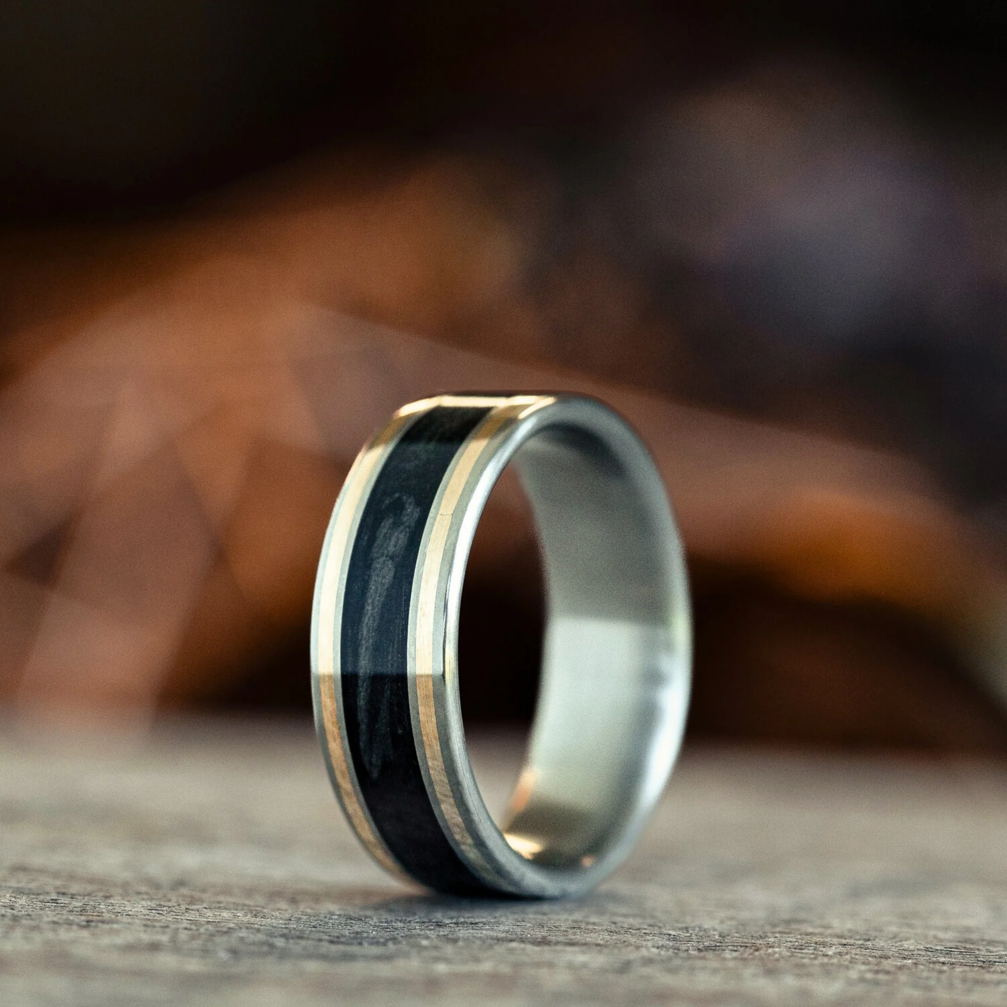 The Oxford Don | Men's Black Whiskey Barrel & Titanium Wedding Band with Dual Metal Inlays - Image 4