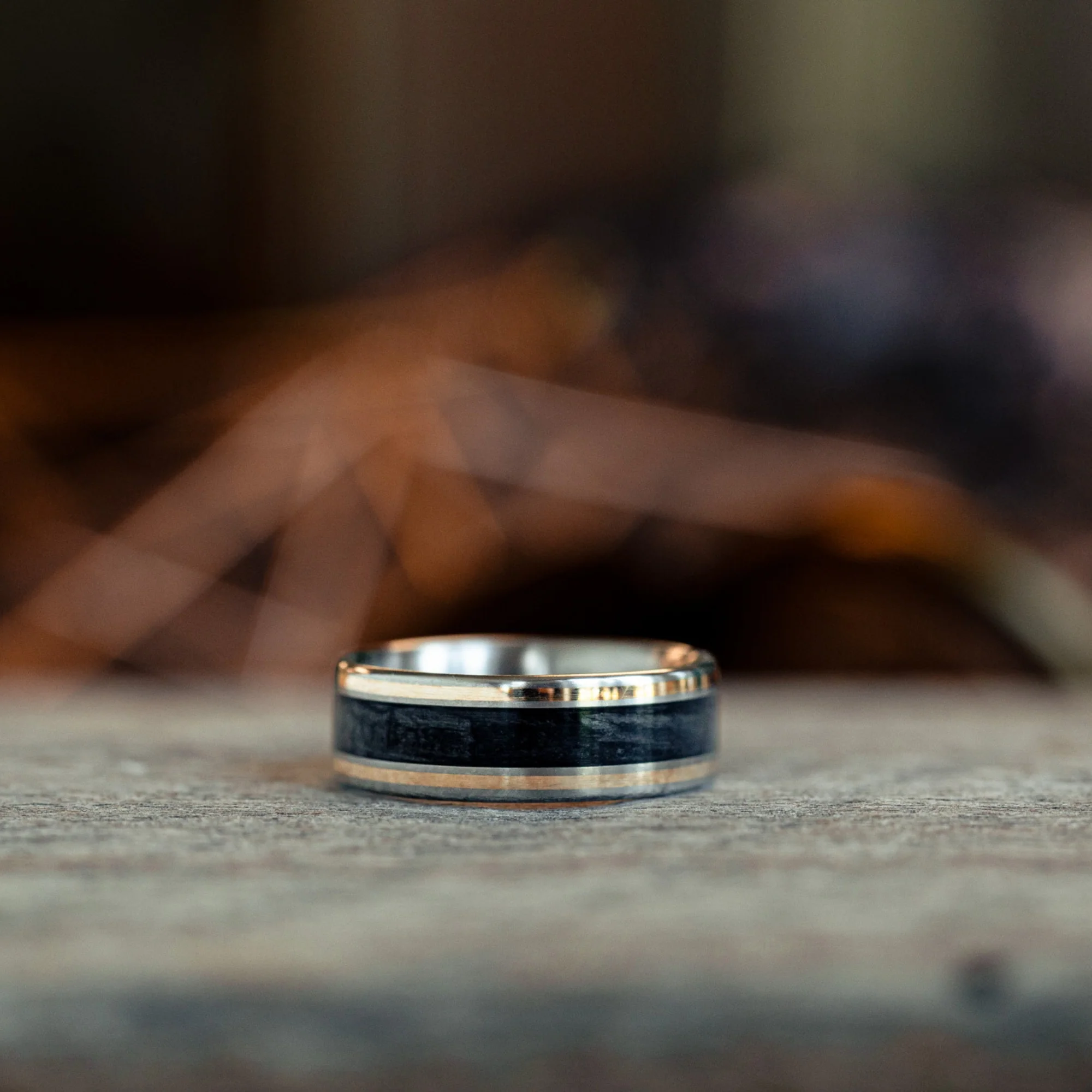 The Oxford Don | Men's Black Whiskey Barrel & Titanium Wedding Band with Dual Metal Inlays - Image 5