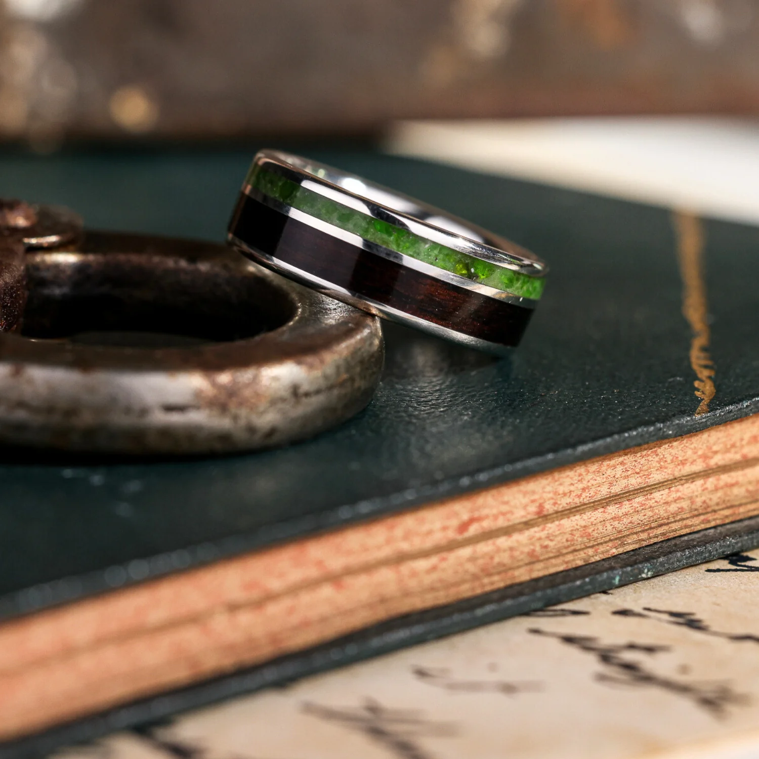 The Sage in Silver | Men's Sterling Silver Wedding Band with Rosewood & Green Imperial Diopside - Image 3
