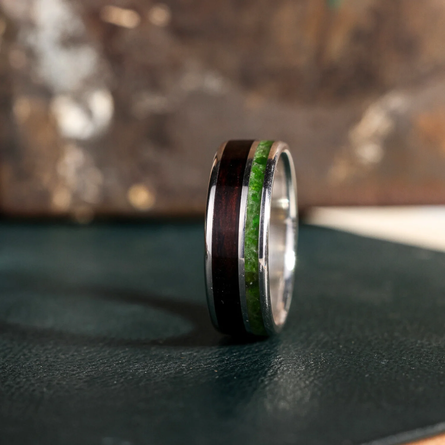 The Sage in Silver | Men's Sterling Silver Wedding Band with Rosewood & Green Imperial Diopside - Image 4