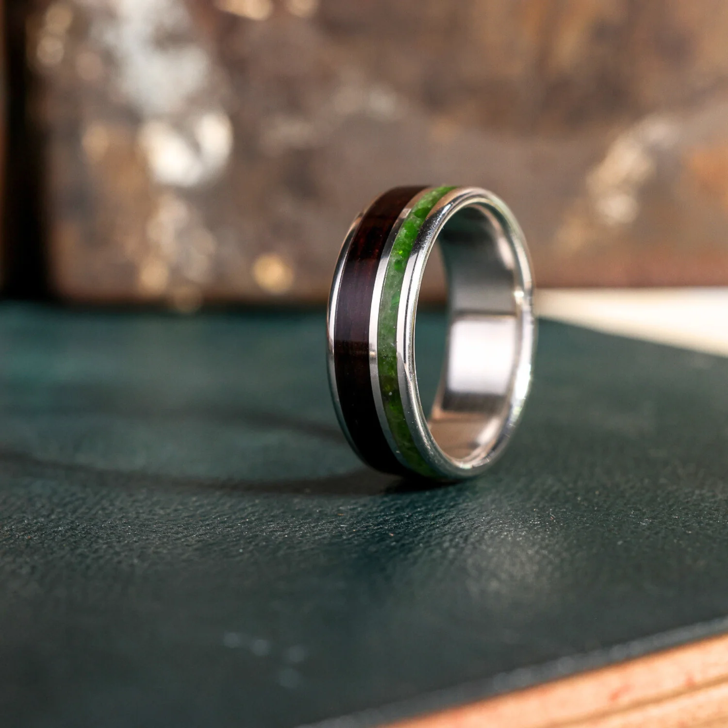 The Sage in Silver | Men's Sterling Silver Wedding Band with Rosewood & Green Imperial Diopside - Image 5