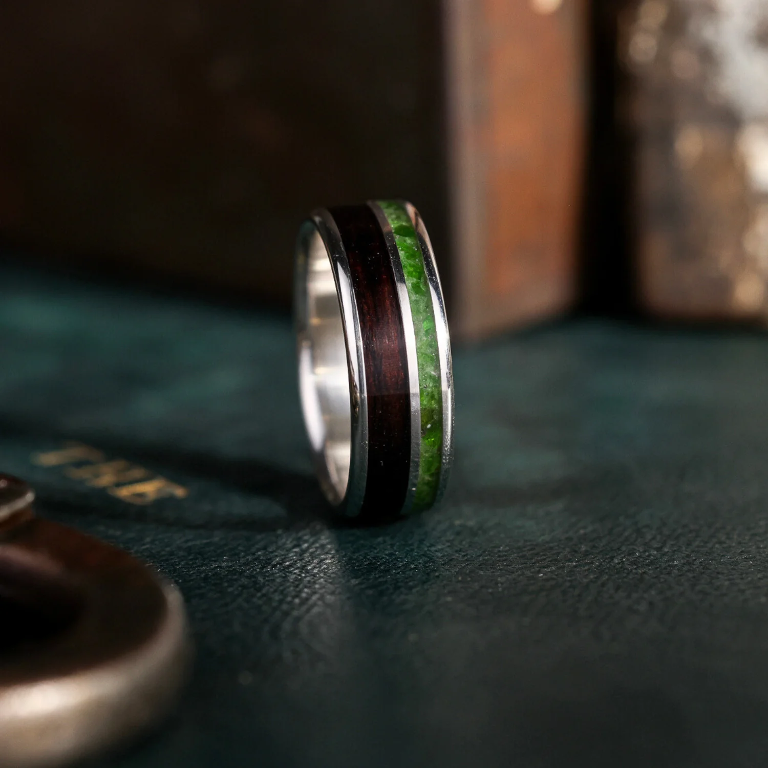 The Sage in Silver | Men's Sterling Silver Wedding Band with Rosewood & Green Imperial Diopside - Image 6