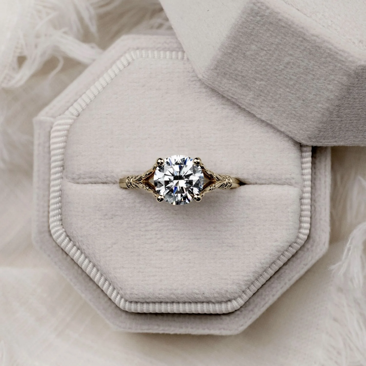 The Selwyn - Round Diamond Solitaire Engagement Ring with Art Nouveau-Inspired Split Shank Setting - Image 12