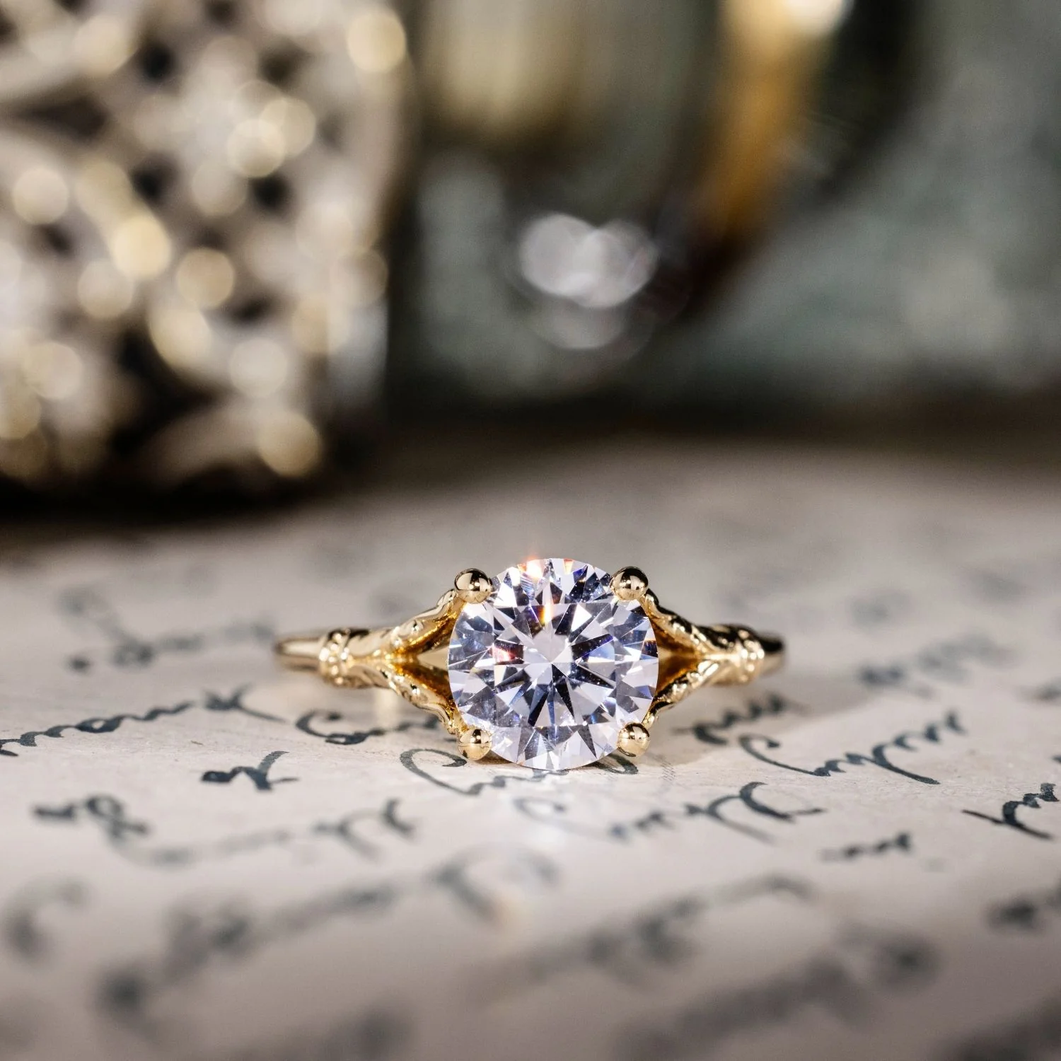 The Selwyn - Round Diamond Solitaire Engagement Ring with Art Nouveau-Inspired Split Shank Setting - Image 3