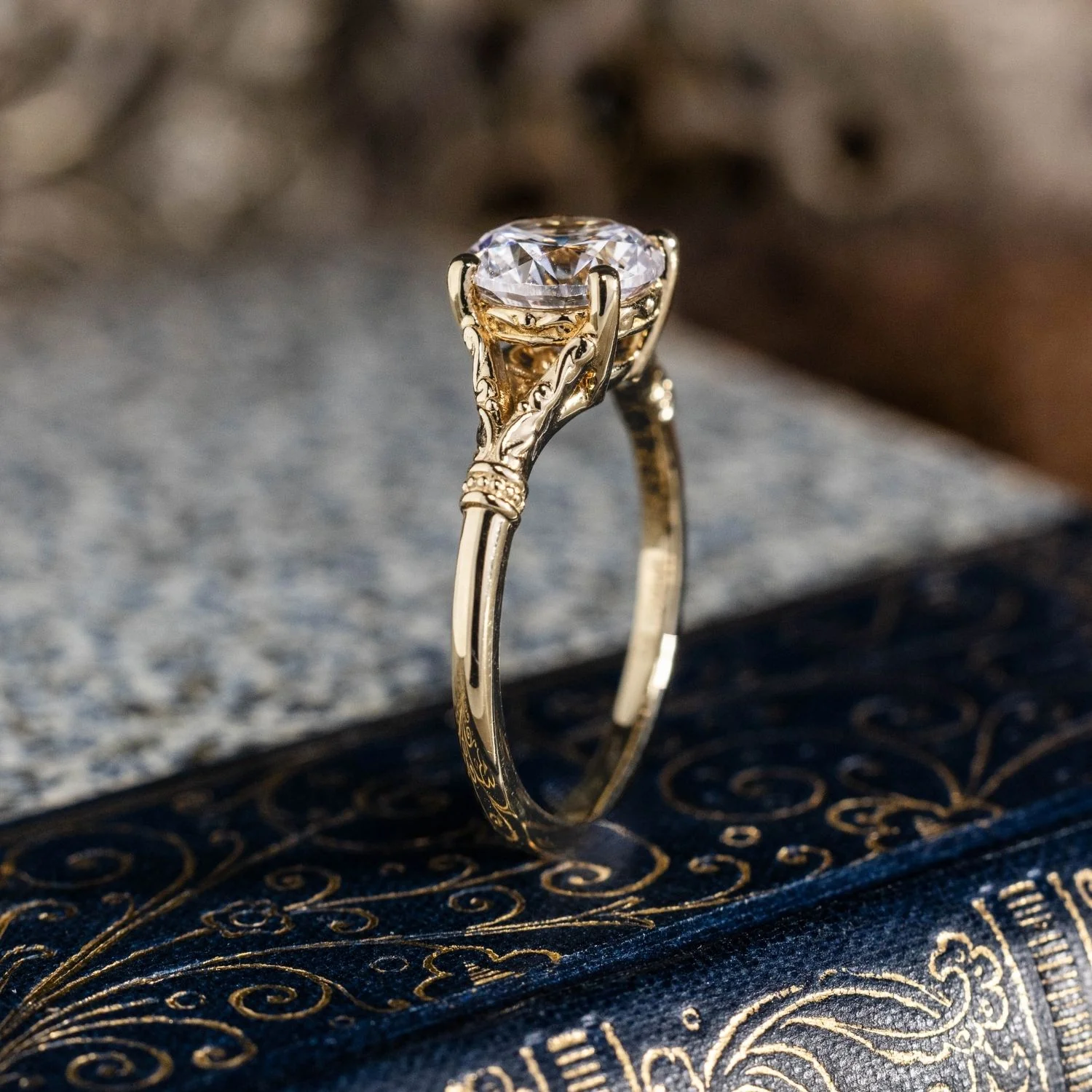 The Selwyn - Round Diamond Solitaire Engagement Ring with Art Nouveau-Inspired Split Shank Setting - Image 9