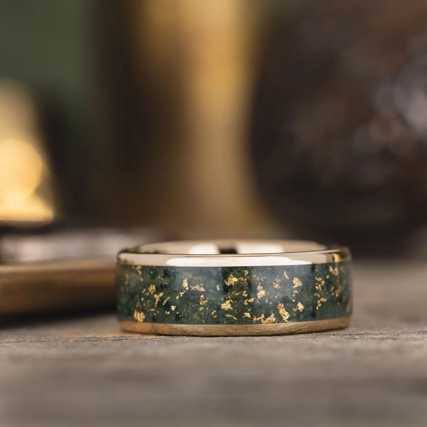 The Shenandoah | Men's Gold Moss Agate Wedding Band with Gold Flakes - Wide Channel - Image 3