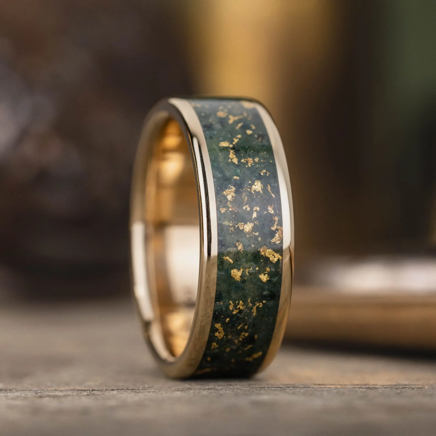 The Shenandoah | Men's Gold Moss Agate Wedding Band with Gold Flakes - Wide Channel - Image 4
