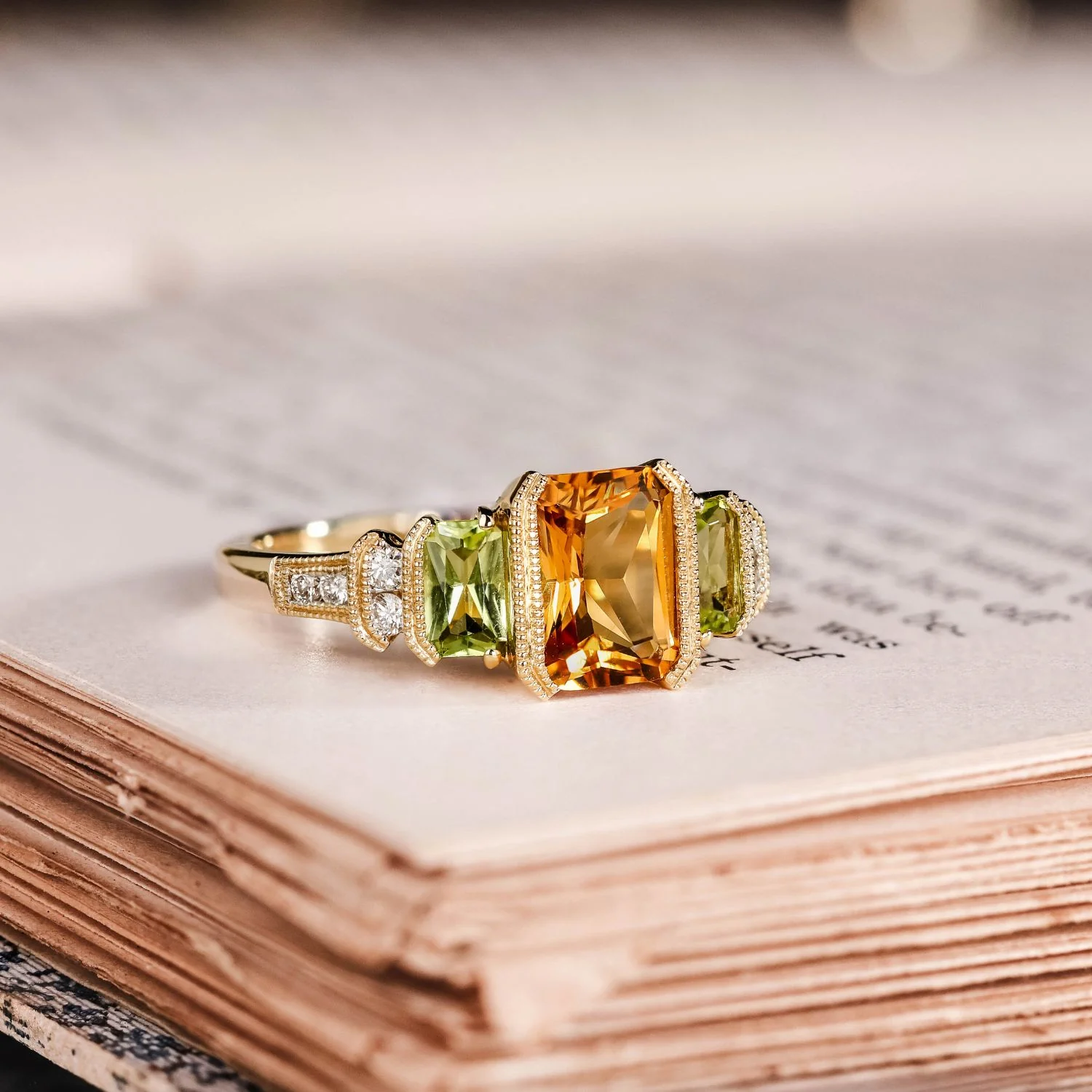 The Sierra - Vintage-Inspired Natural Citrine & Peridot Ring with Diamond Accents - Image 3