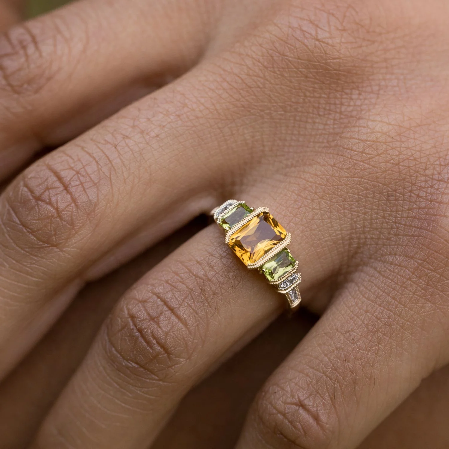 The Sierra - Vintage-Inspired Natural Citrine & Peridot Ring with Diamond Accents - Image 9