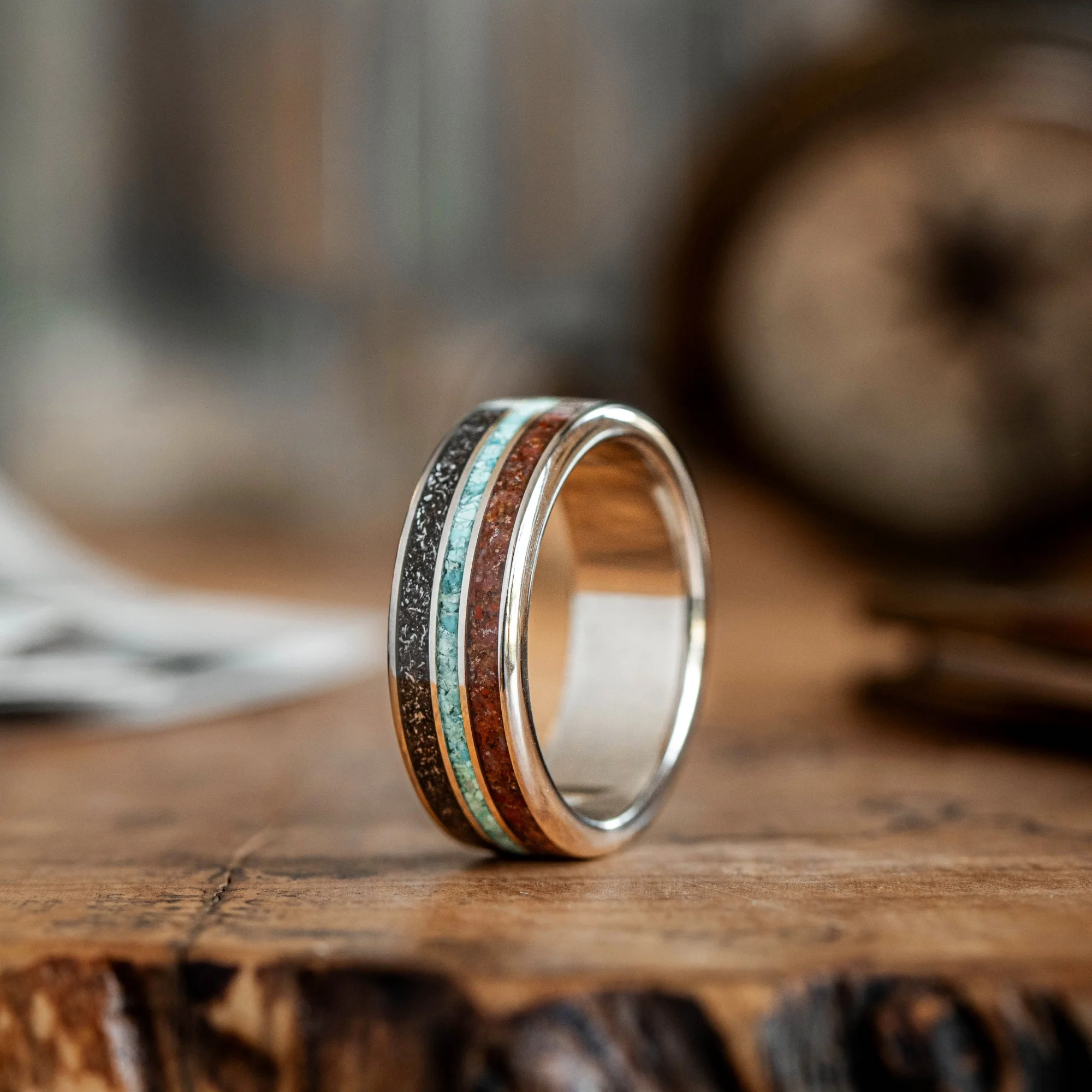The Solstice | Men's Gold Wedding Band with Meteorite, Dinosaur Bone & Turquoise - Image 3