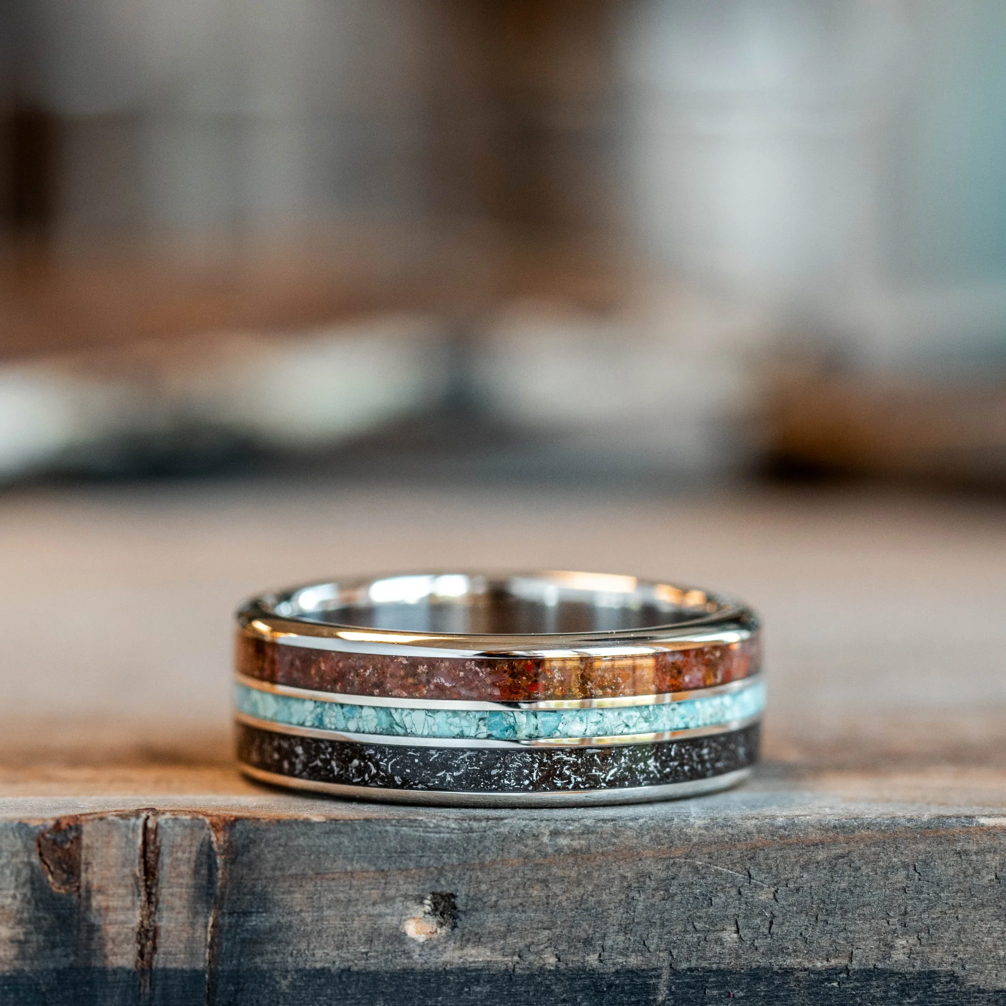 The Solstice | Men's Gold Wedding Band with Meteorite, Dinosaur Bone & Turquoise - Image 4
