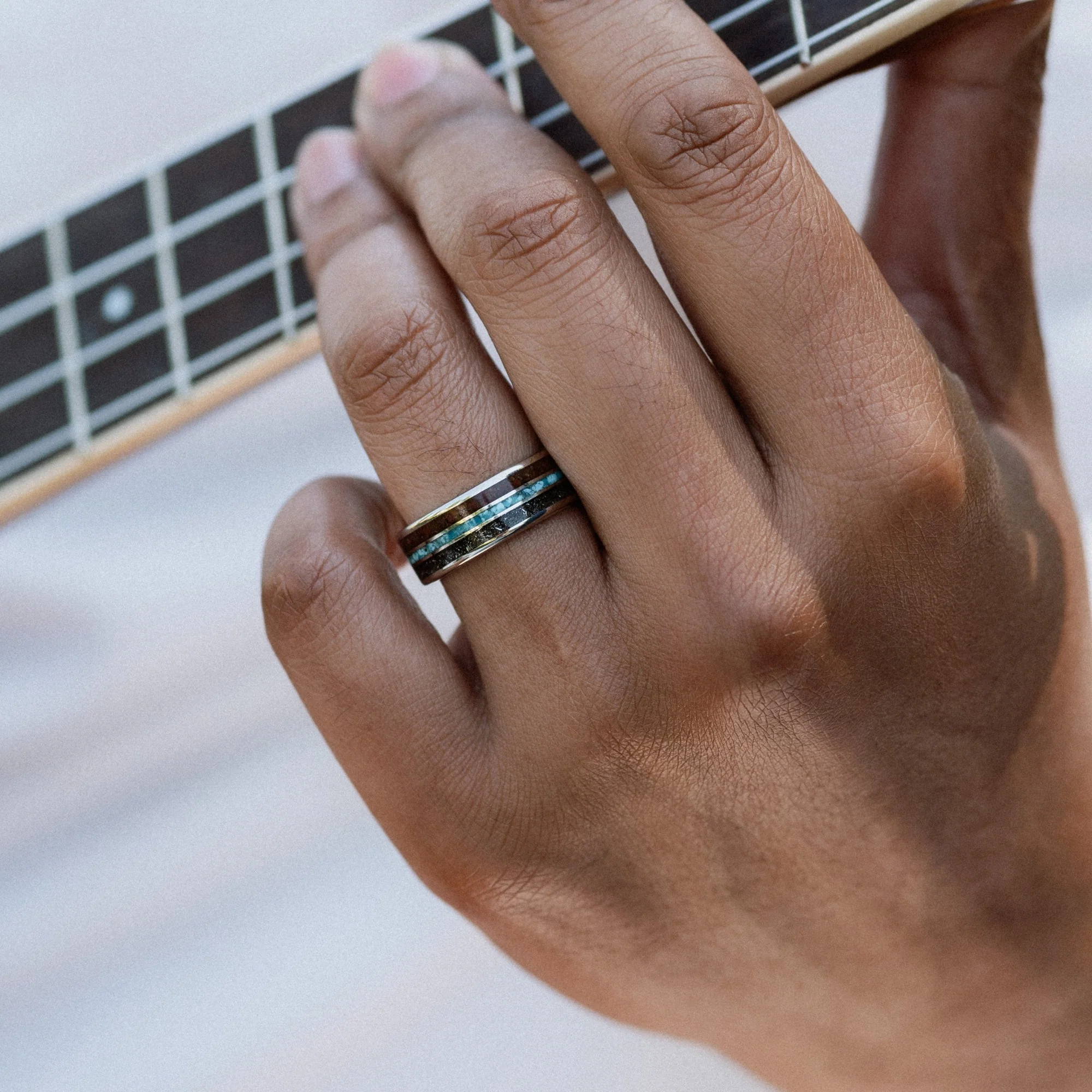 The Solstice | Men's Gold Wedding Band with Meteorite, Dinosaur Bone & Turquoise - Image 5
