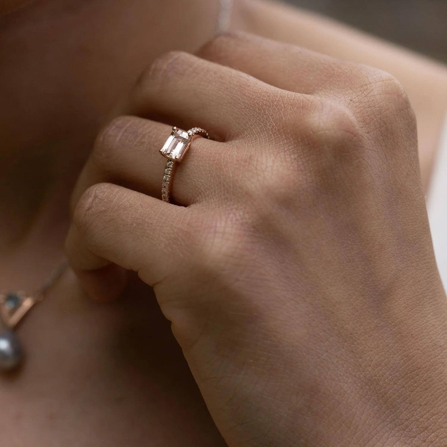 The Sophie - East West Emerald-Cut Morganite 14k Rose Gold Engagement Ring with Diamond Pavé Setting - Image 3