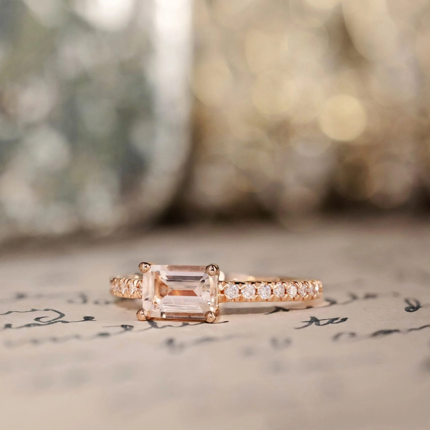 The Sophie - East West Emerald-Cut Morganite 14k Rose Gold Engagement Ring with Diamond Pavé Setting - Image 4