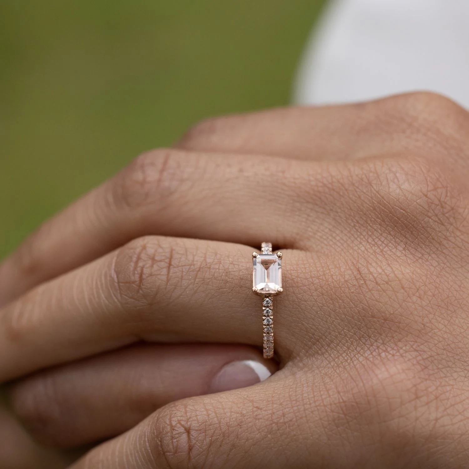 The Sophie - East West Emerald-Cut Morganite 14k Rose Gold Engagement Ring with Diamond Pavé Setting - Image 7