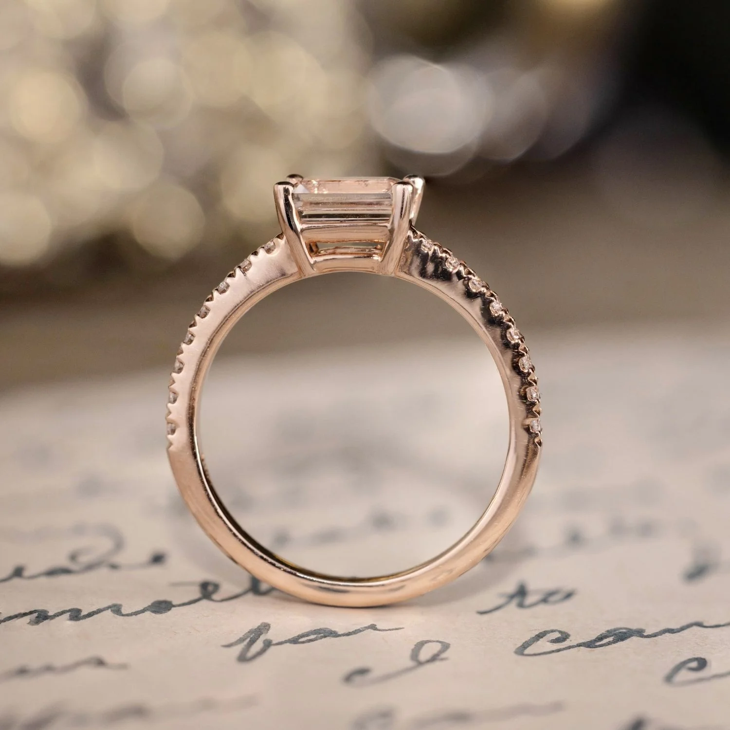 The Sophie - East West Emerald-Cut Morganite 14k Rose Gold Engagement Ring with Diamond Pavé Setting - Image 8