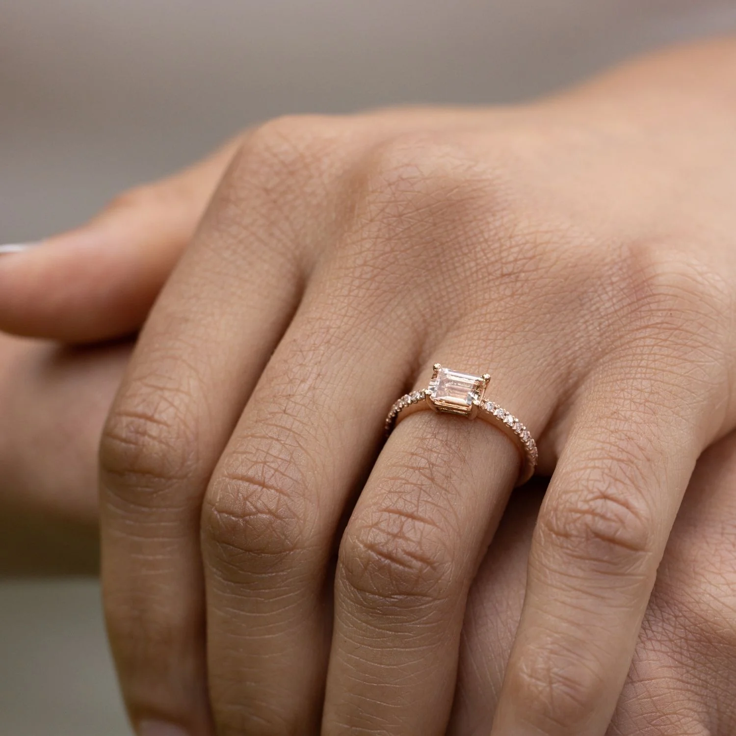 The Sophie - East West Emerald-Cut Morganite 14k Rose Gold Engagement Ring with Diamond Pavé Setting - Image 9