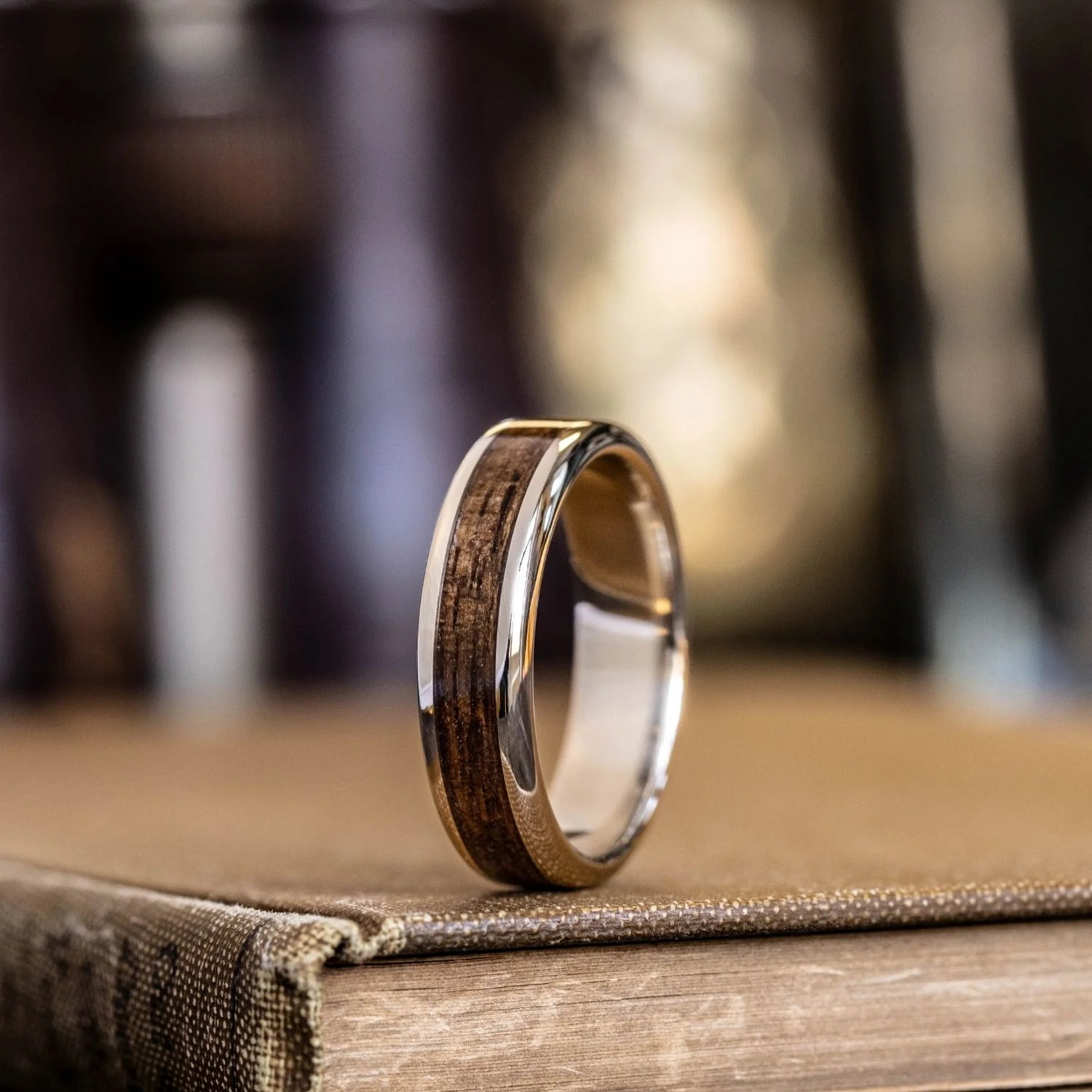 The USS New Jersey in Gold | Men's Gold Wedding Band with Battleship Teak Wood Inlay - Image 3