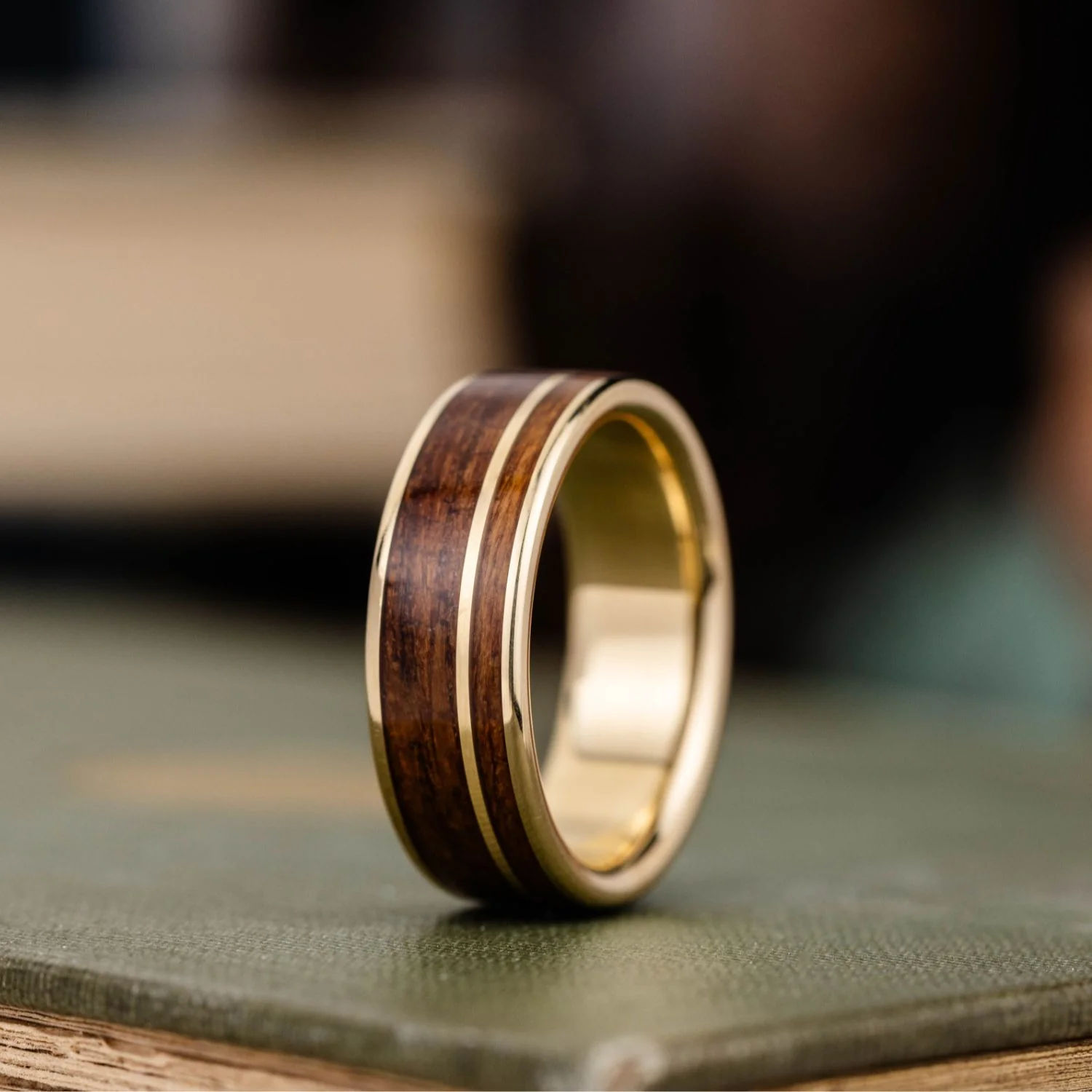 The USS North Carolina | Men's Gold Wedding Band with USS North Carolina Battleship Teak Wood - Image 3