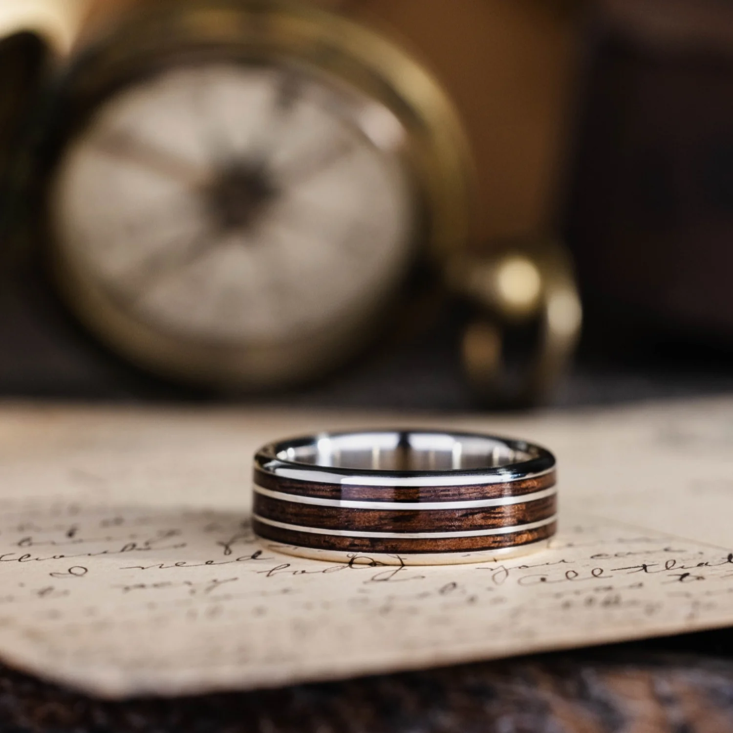 The Vanguard | Men's Gold Wedding Band with 1903 Springfield Rifle Stock Wood Inlays - Image 3