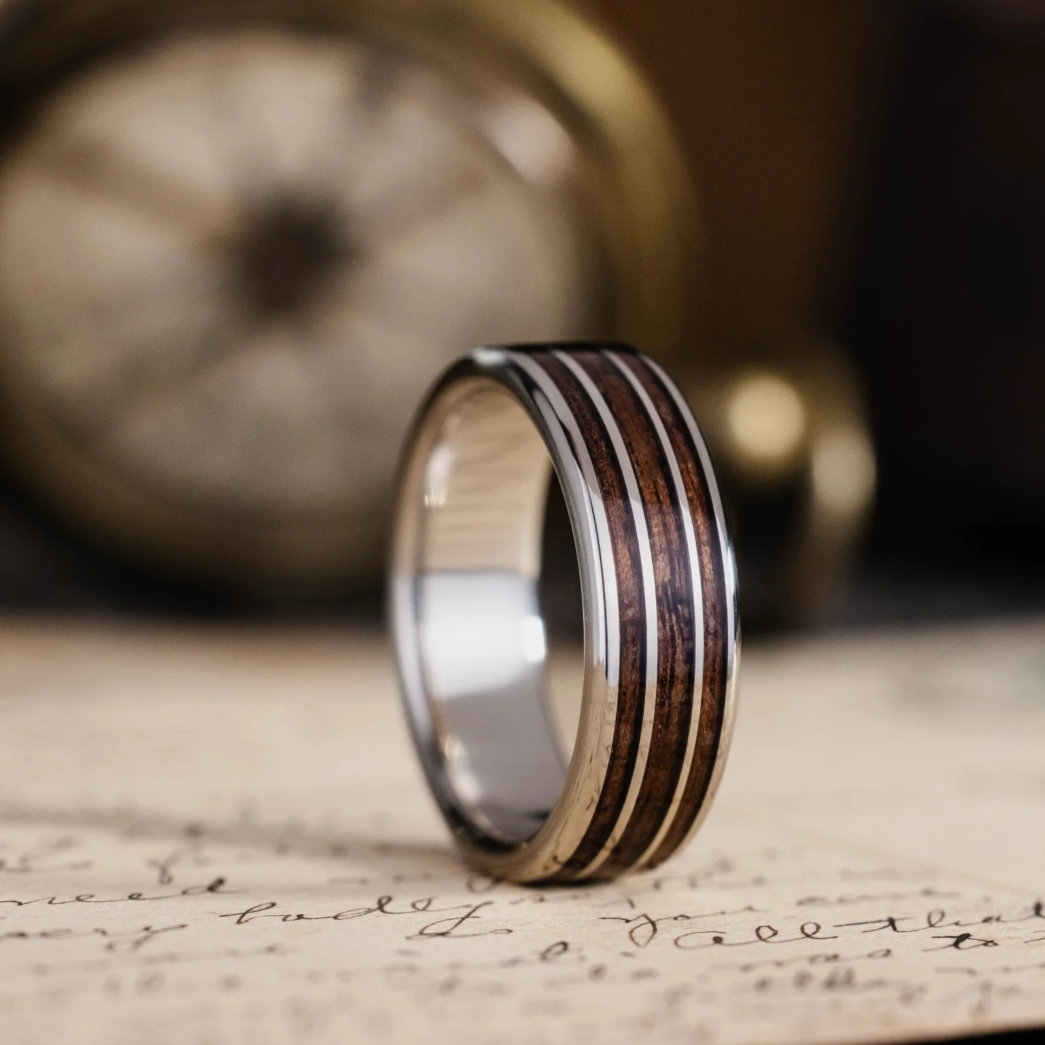 The Vanguard | Men's Gold Wedding Band with 1903 Springfield Rifle Stock Wood Inlays - Image 4