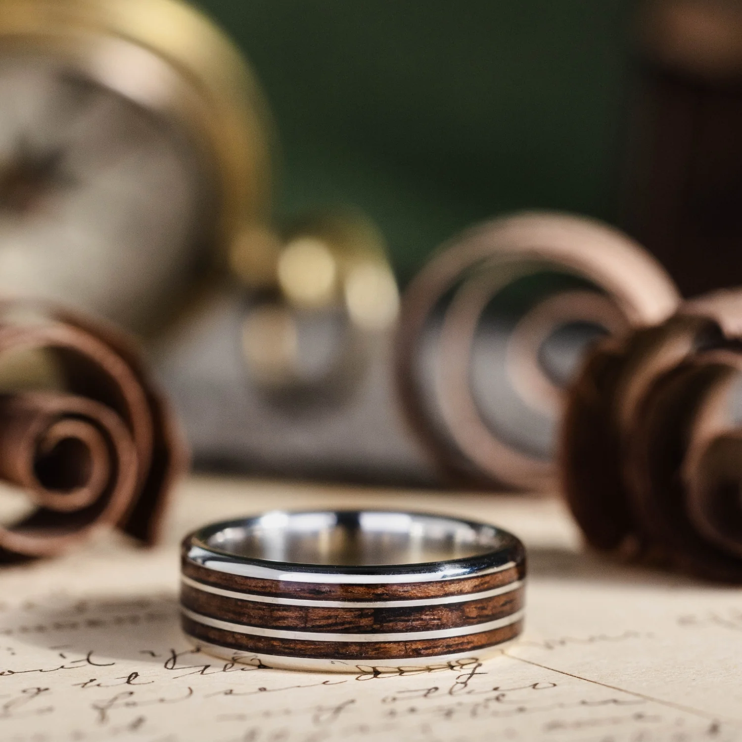 The Vanguard | Men's Gold Wedding Band with 1903 Springfield Rifle Stock Wood Inlays - Image 5