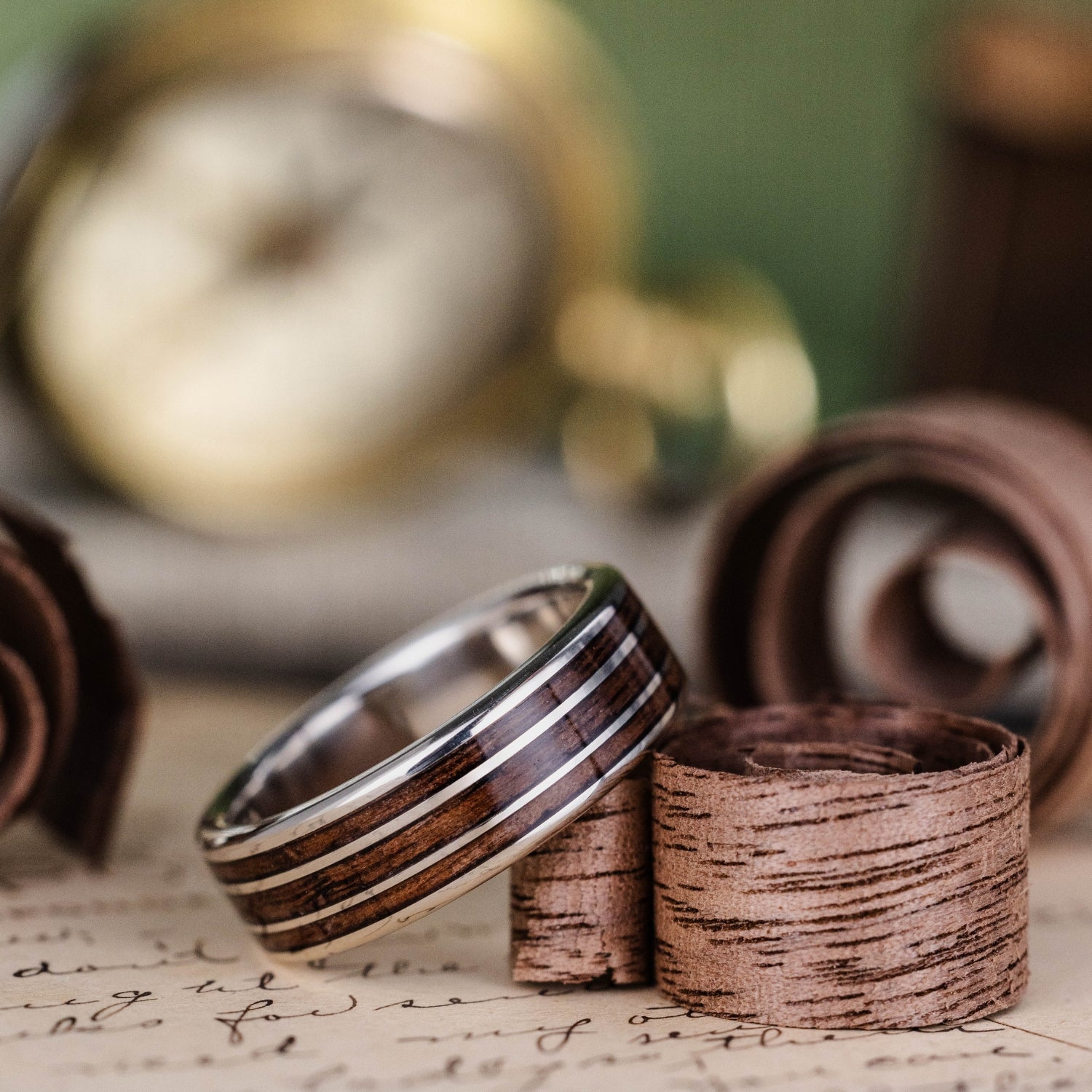 The Vanguard | Men's Gold Wedding Band with 1903 Springfield Rifle Stock Wood Inlays - Image 6
