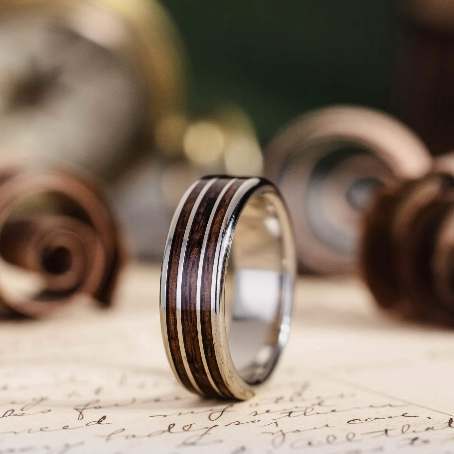 The Vanguard | Men's Gold Wedding Band with 1903 Springfield Rifle Stock Wood Inlays - Image 7