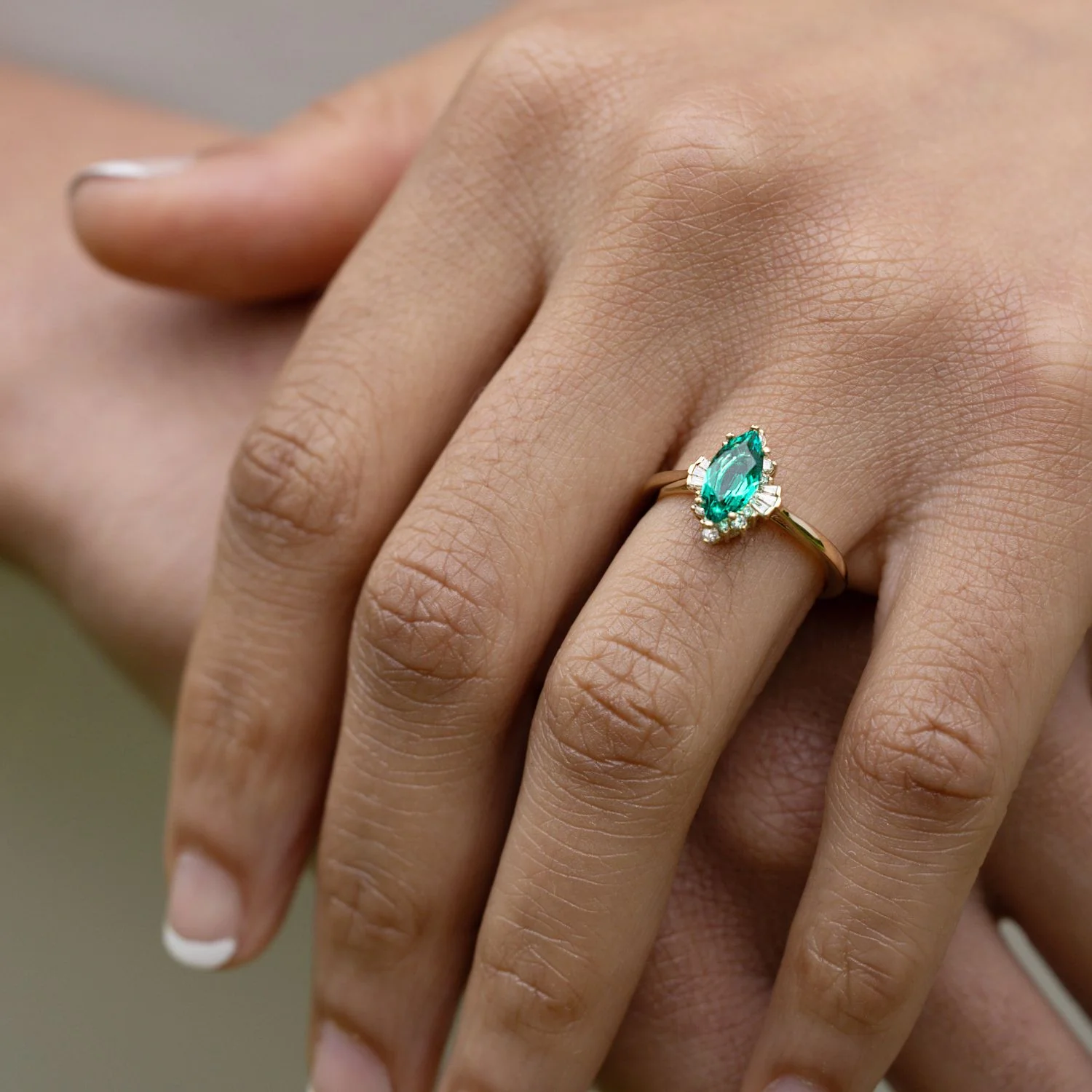 The Verdeline -  Green Emerald Marquise Engagement Ring with Natural Diamond Halo - Image 10