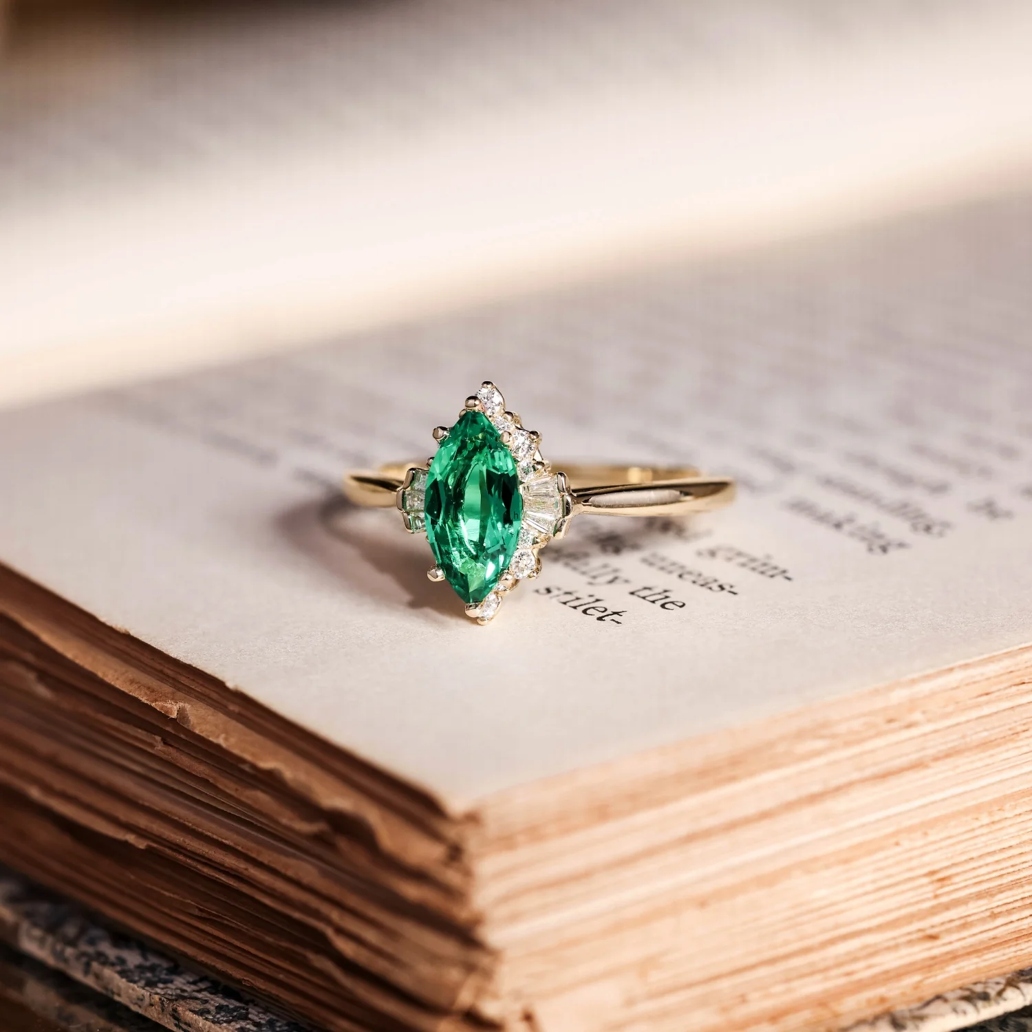 The Verdeline -  Green Emerald Marquise Engagement Ring with Natural Diamond Halo - Image 11