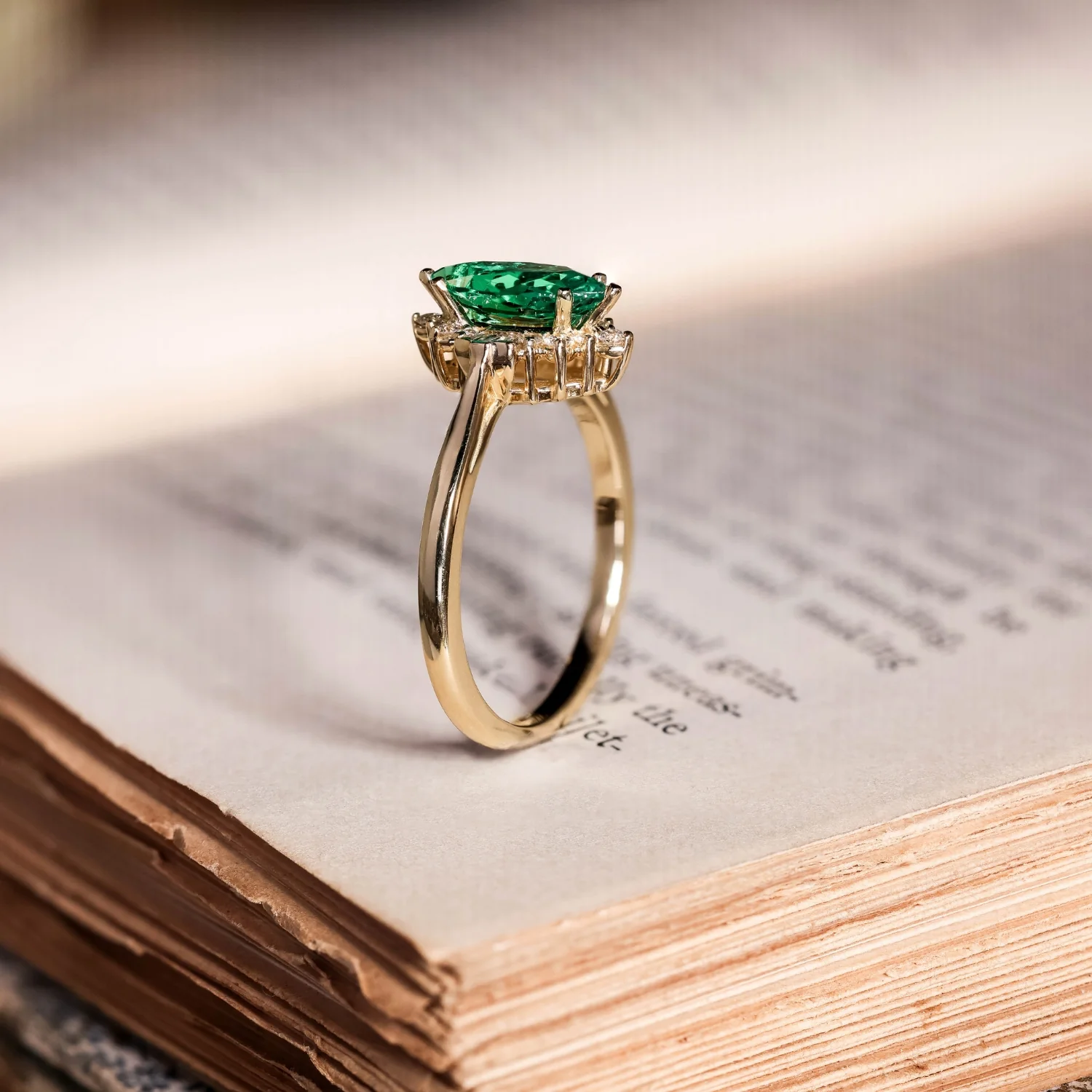The Verdeline -  Green Emerald Marquise Engagement Ring with Natural Diamond Halo - Image 12