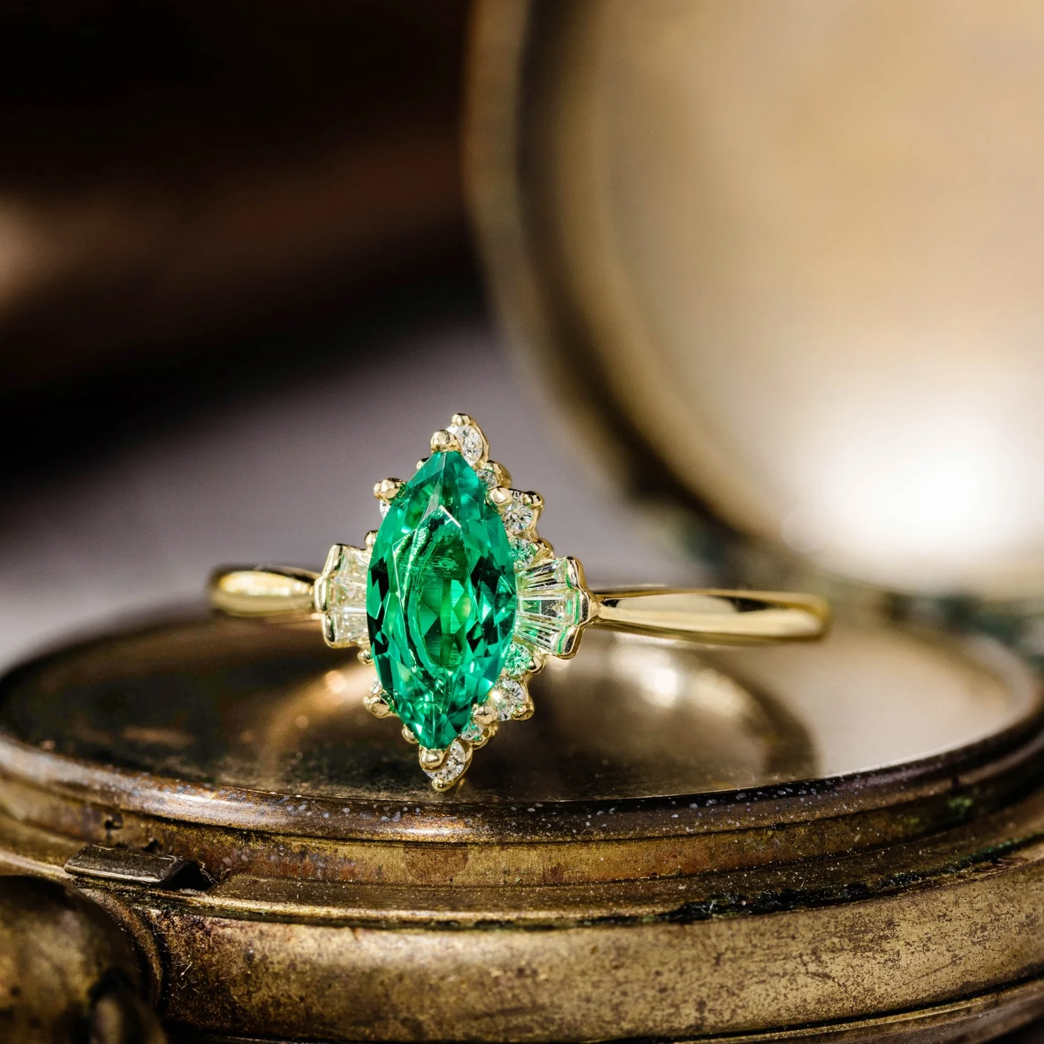 The Verdeline -  Green Emerald Marquise Engagement Ring with Natural Diamond Halo - Image 13