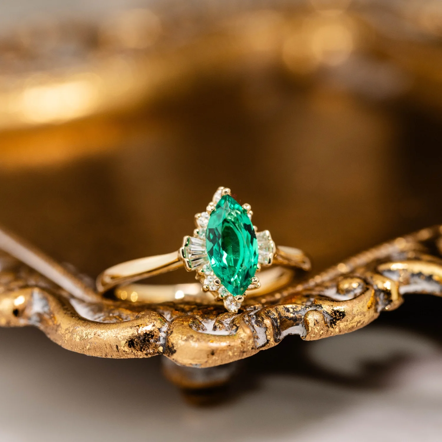 The Verdeline -  Green Emerald Marquise Engagement Ring with Natural Diamond Halo - Image 14